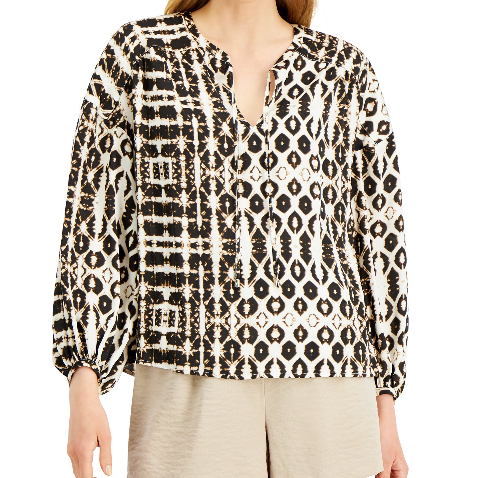 INC International Concepts Women Tie Dyed Peasant Top Batik Maze