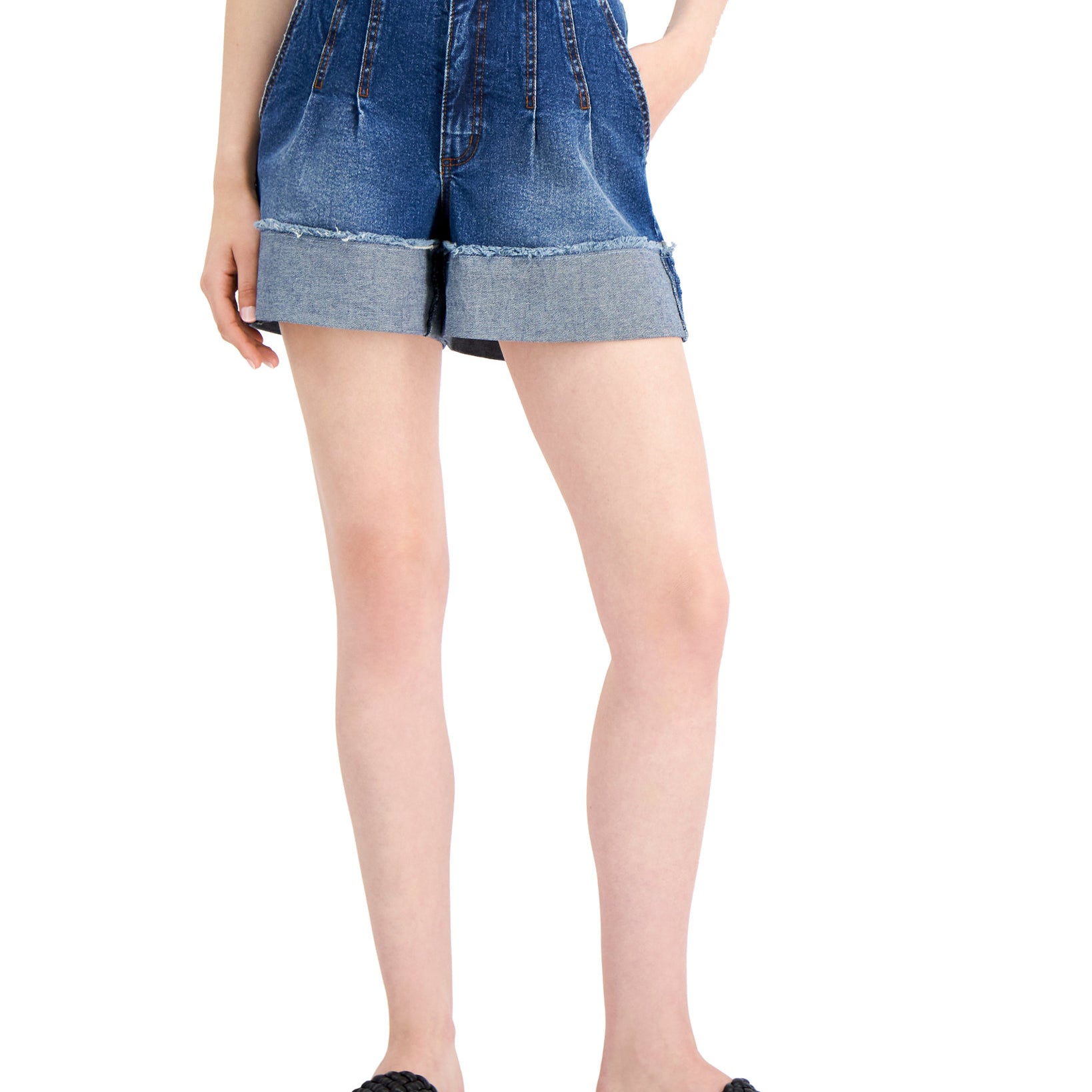 INC International Concepts Women High Rise Pleated Cuffed Jean Shorts Dark Indigo