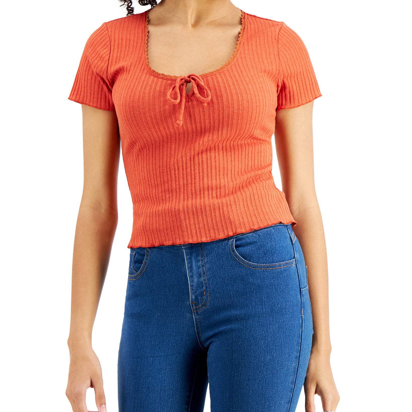 Self Esteem Women Tie Front Keyhole T Shirt Summer Fig