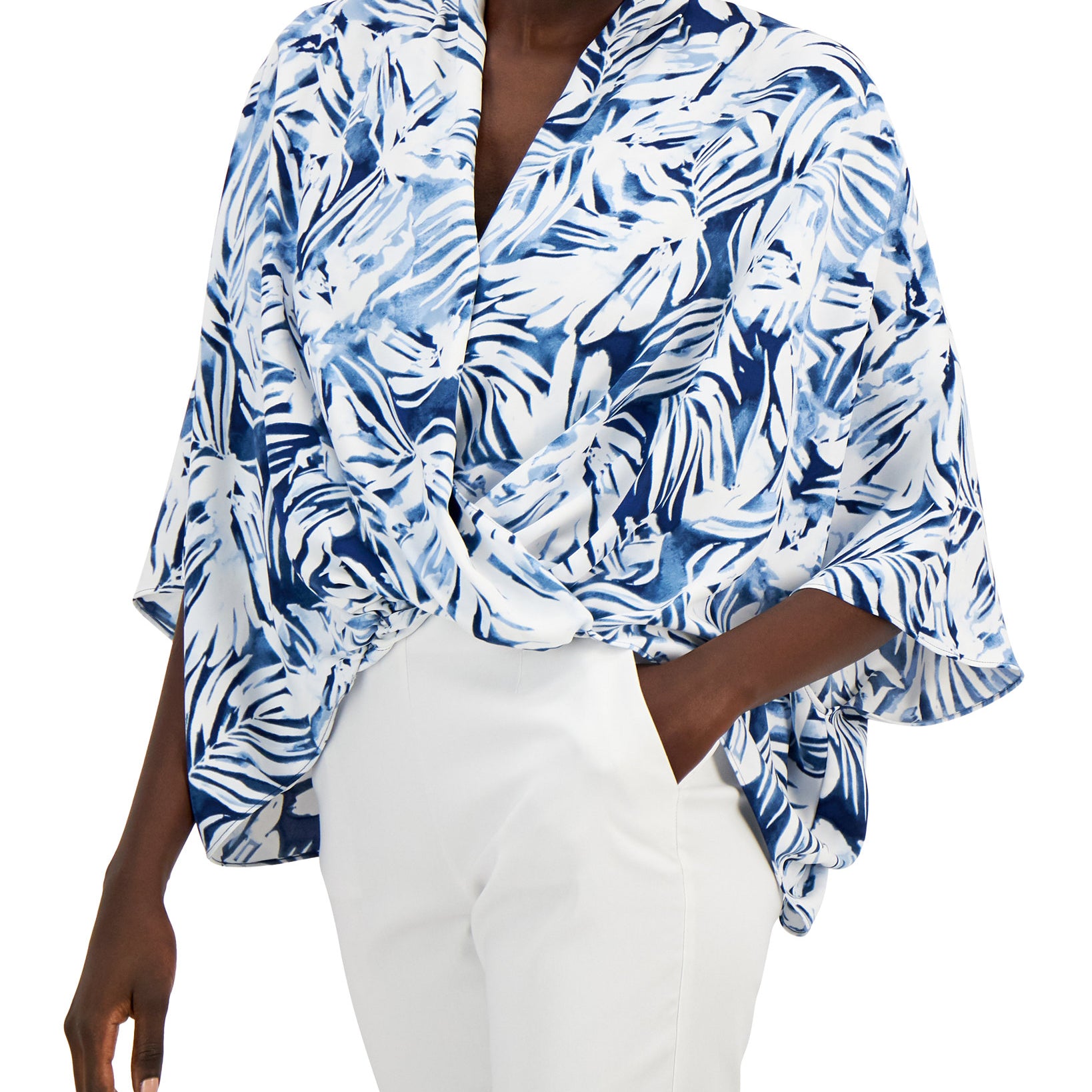 Alfani Women Petite Printed Oversized Blouse Blue Dream Leaf