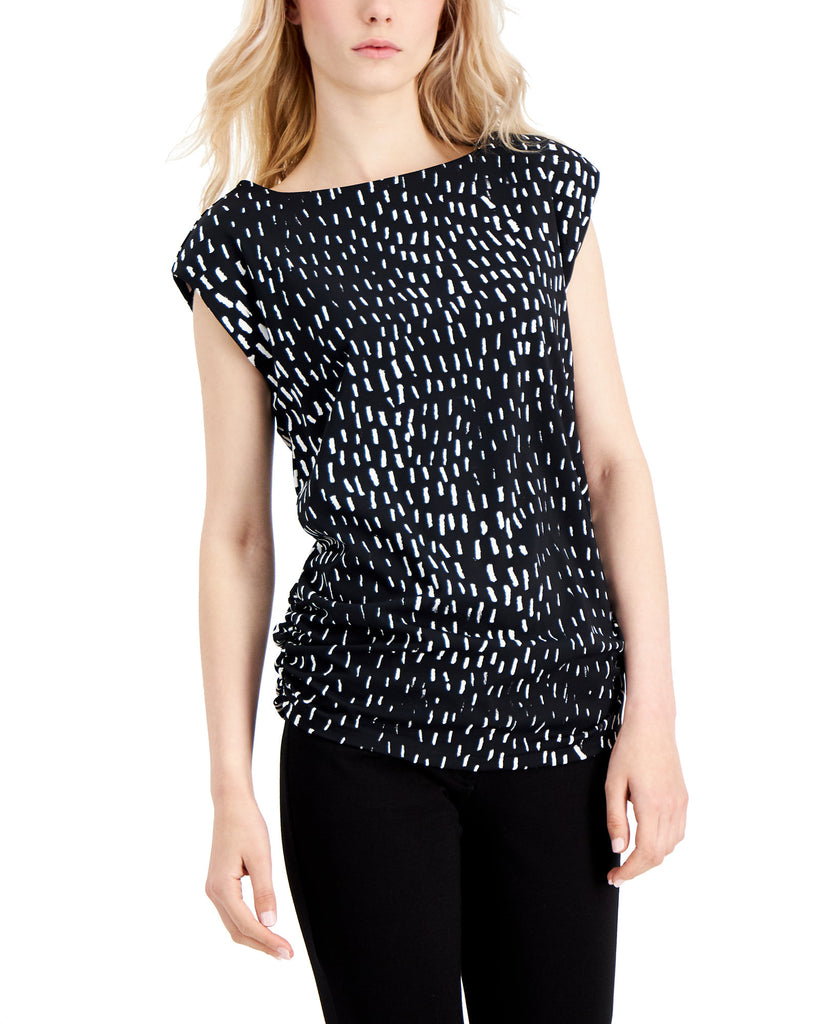 Alfani Women Abstract Print Ruched Side Top Black Easy Marks
