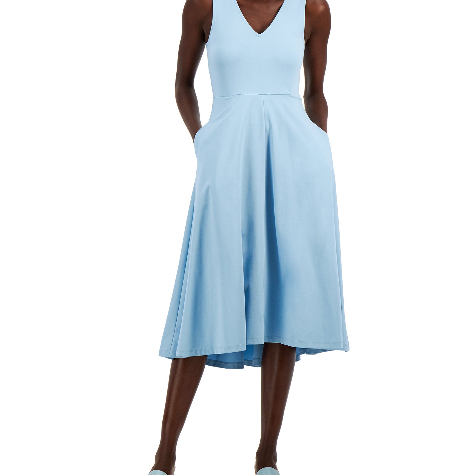Alfani Women Petite V Neck Midi Dress Rain Shower