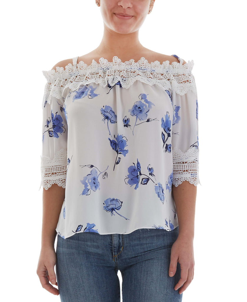 BCX Women 3 4 Sleeve Button Up Top Floral White