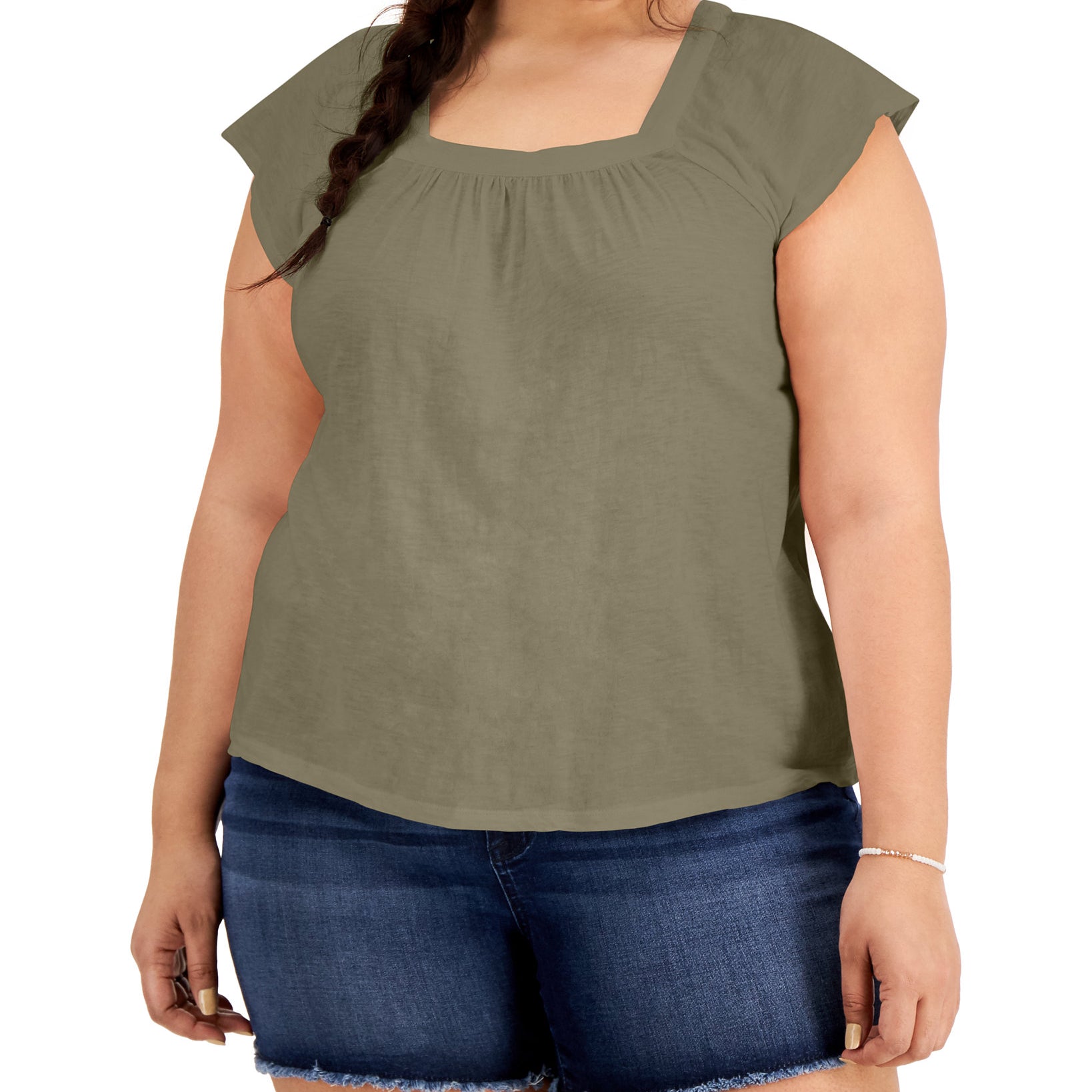 Style & Co Women Plus Cotton Square Neck Top New Pale Sage