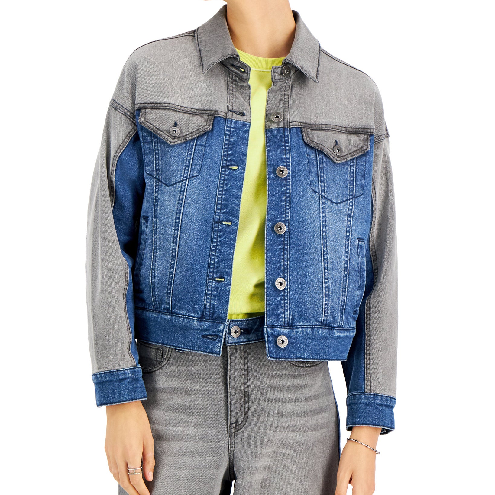 Style & Co Women Two Tone Denim Jacket Downfall Wash