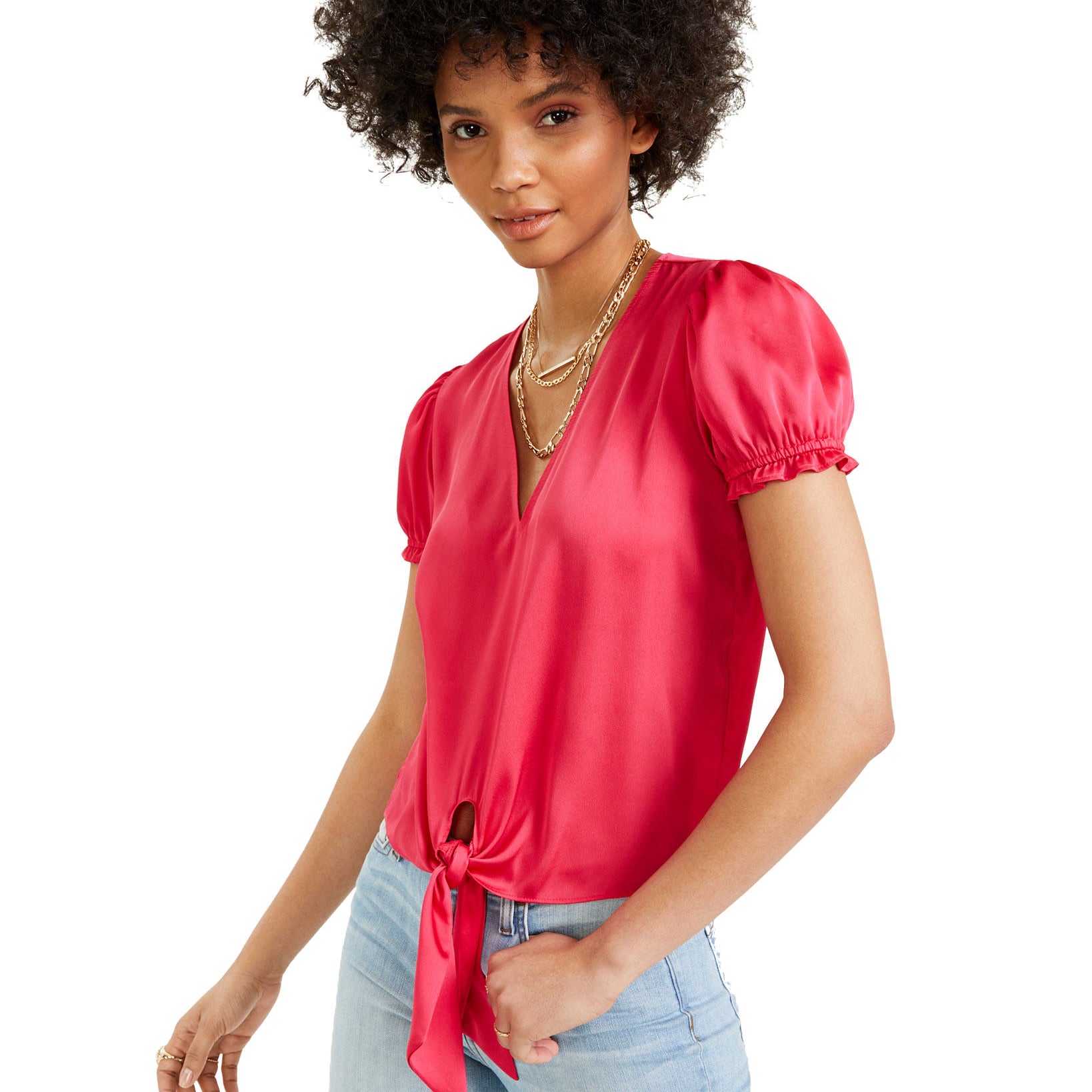 Bar III Women Puff Sleeve Tie Front Top Flamenco Pink