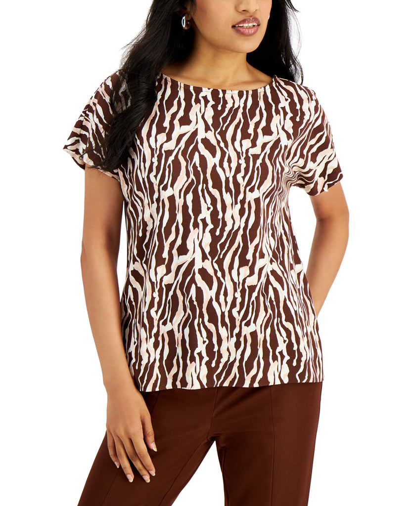 Alfani Women Printed Boat Neck T Shirt Brown Animal Tie