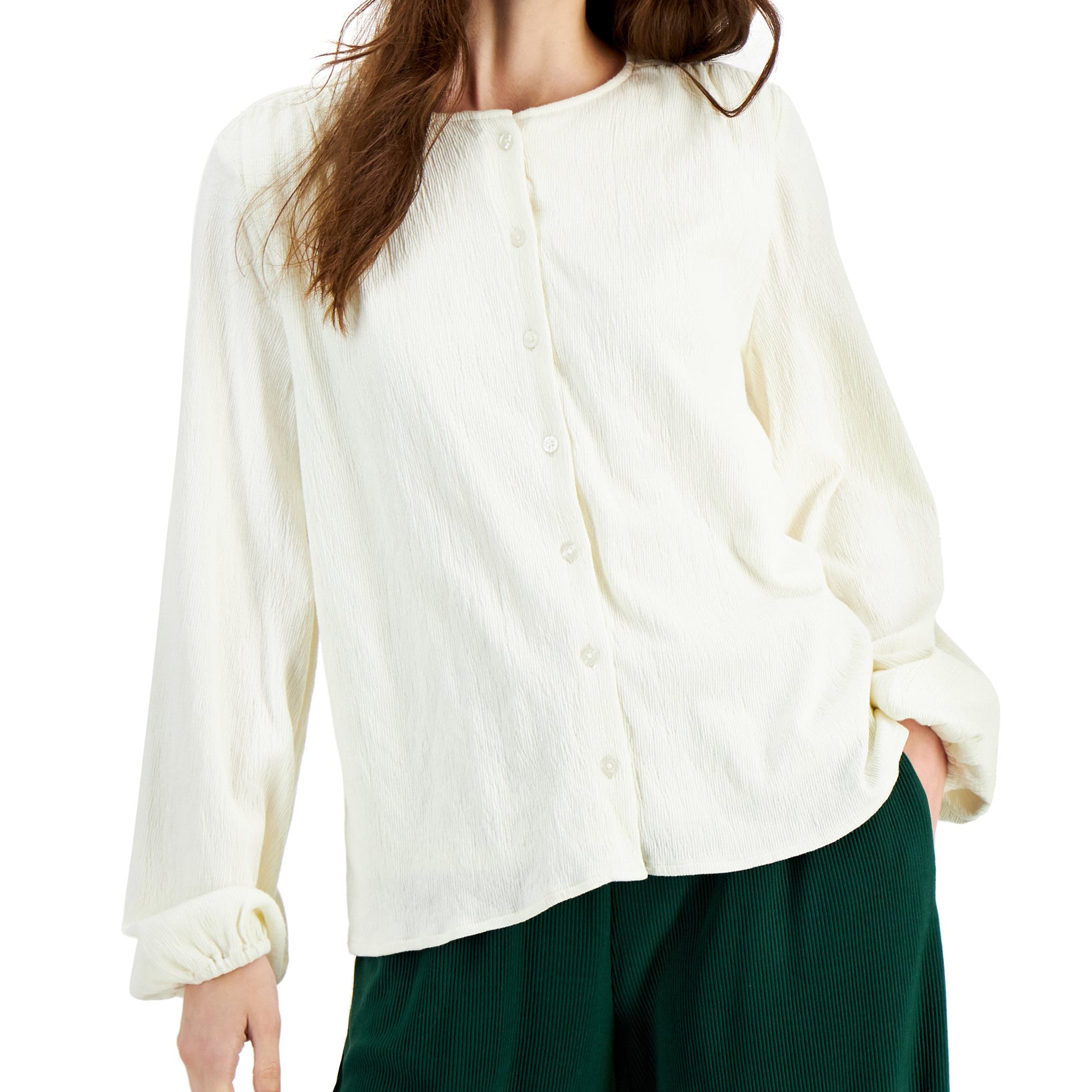Alfani Women Textured Balloon Sleeve Button Front Top Antique White