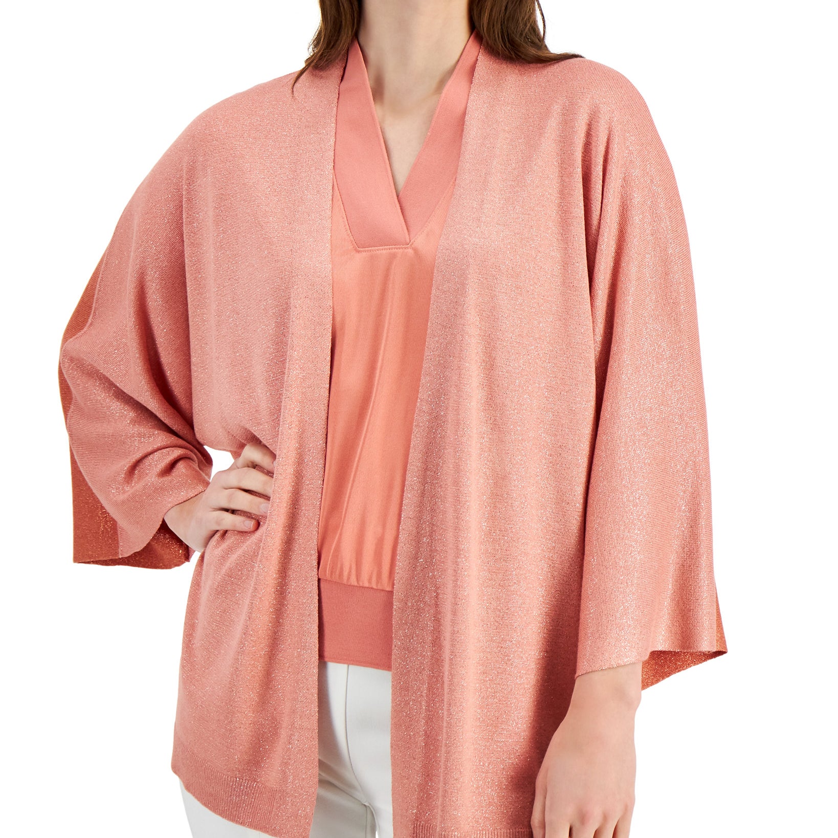 Alfani Women Shimmer Colorblock Cardigan Sunrise Coral