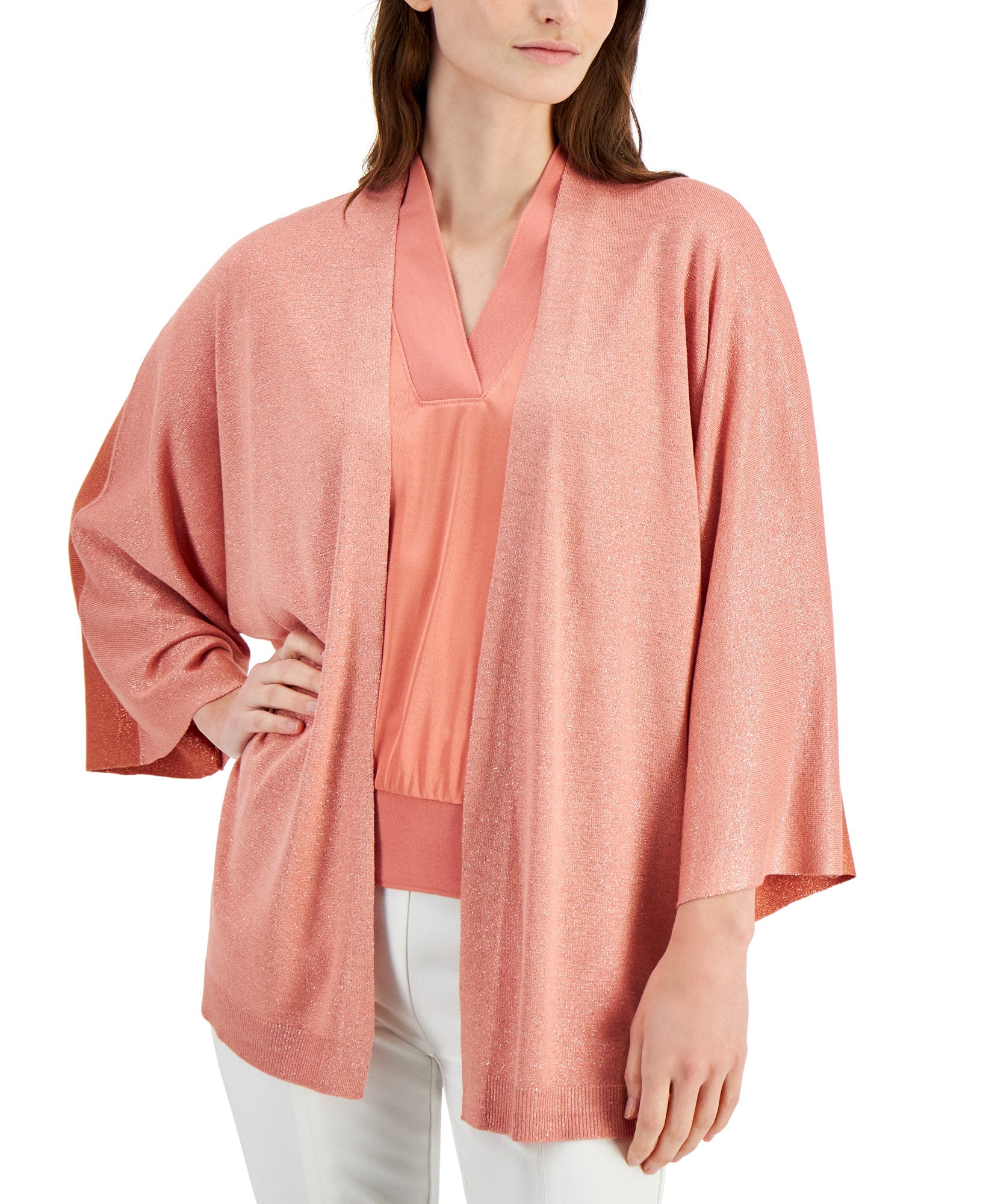 Alfani Women Shimmer Colorblock Cardigan Sunrise Coral