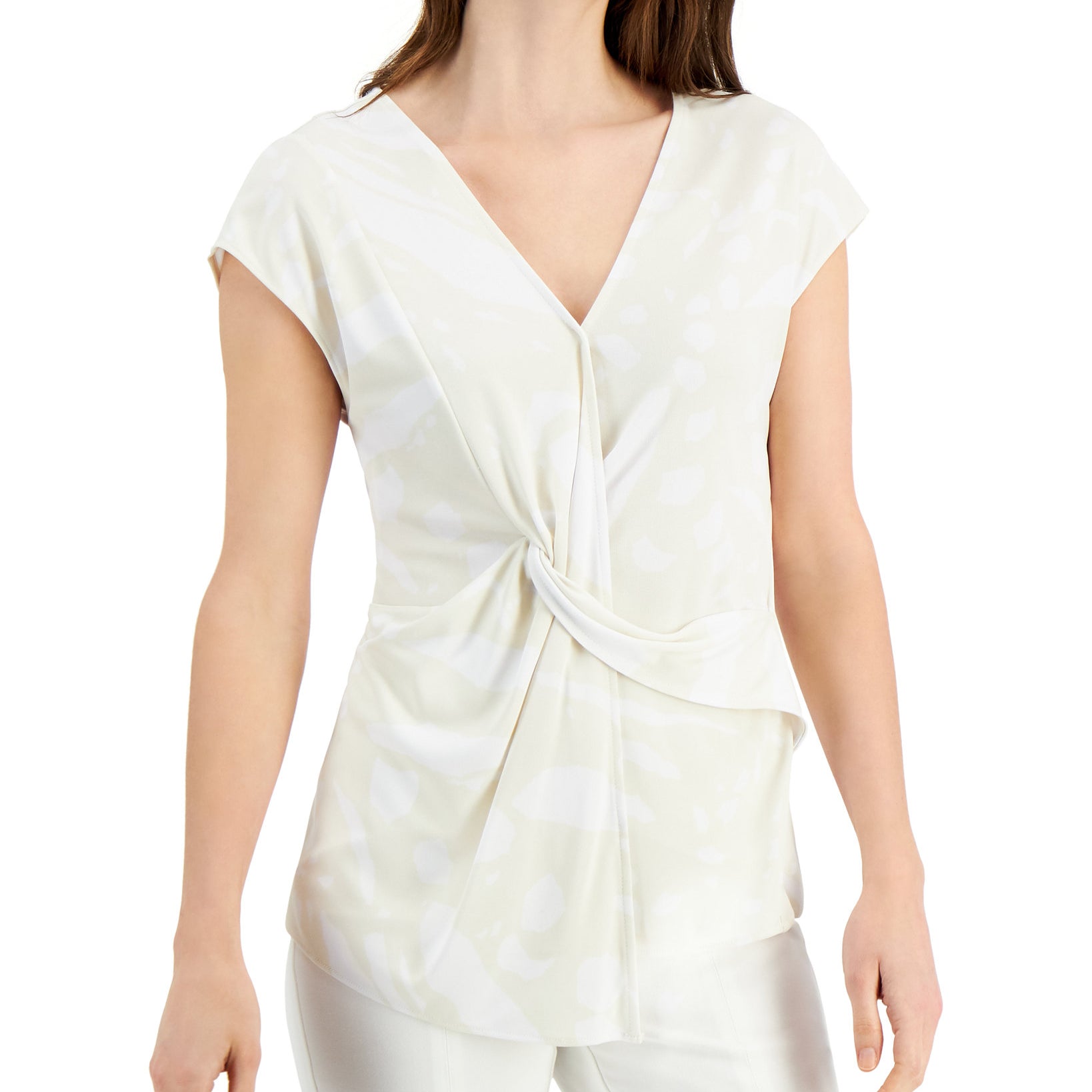 Alfani Women V Neck Abstract Print Twist Top Shiitake Jaggd Animal