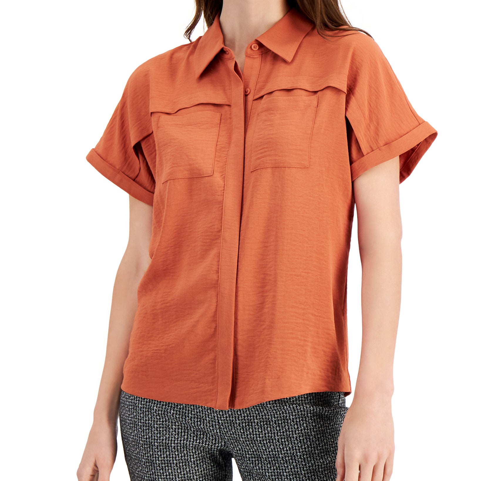 Alfani Women Button Front Short Sleeve Top Cedar Chest