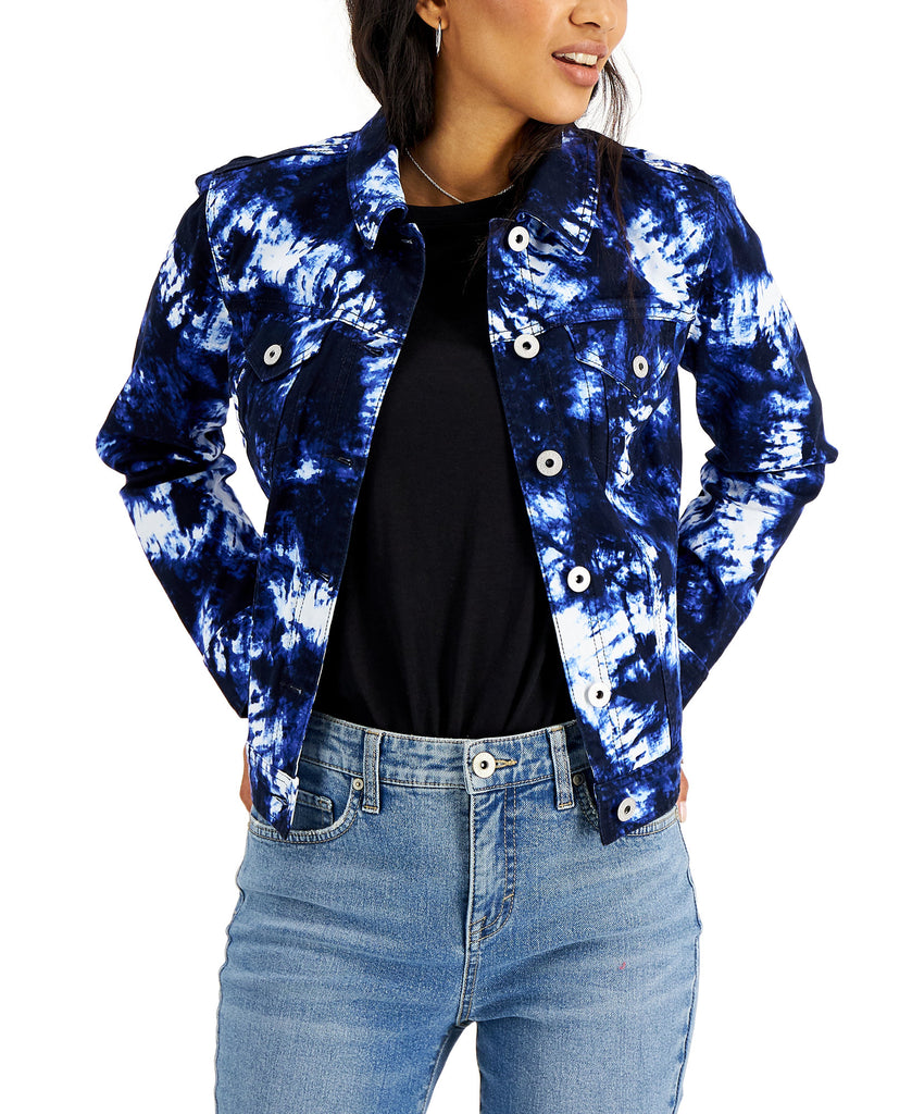 Style & Co Women Tie Dyed Denim Jacket Blue Splash