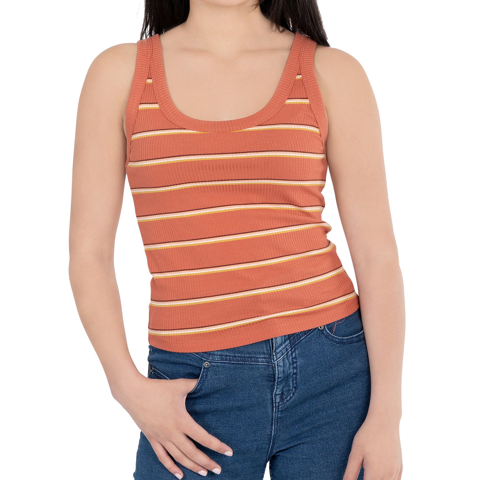 Hippie Rose Women Striped Rib Knit Tank Top Toasted Clay