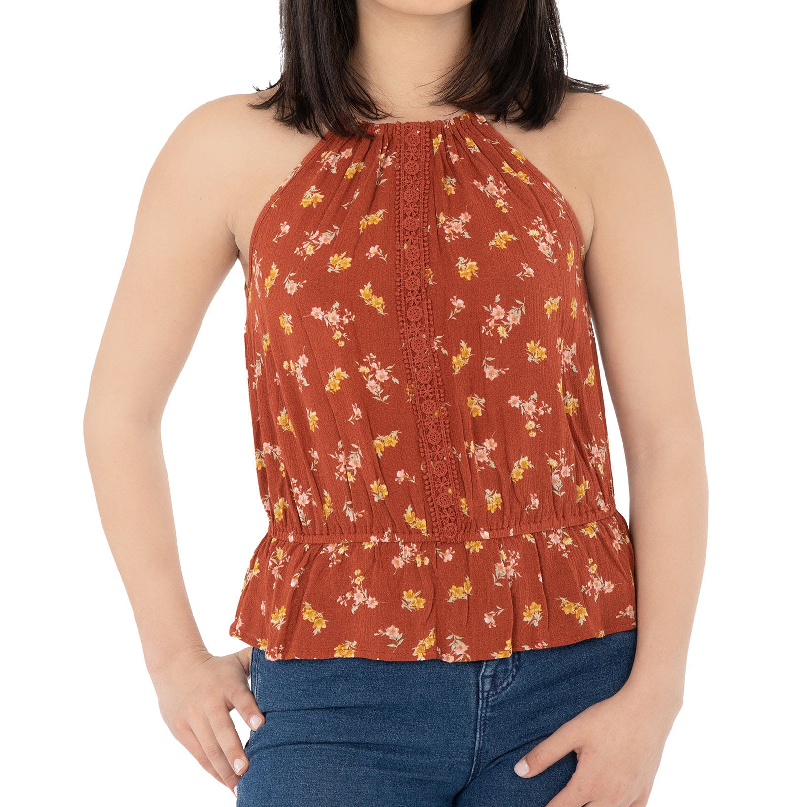 Hippie Rose Women Peplum Hem Textured Top Red Ditsy