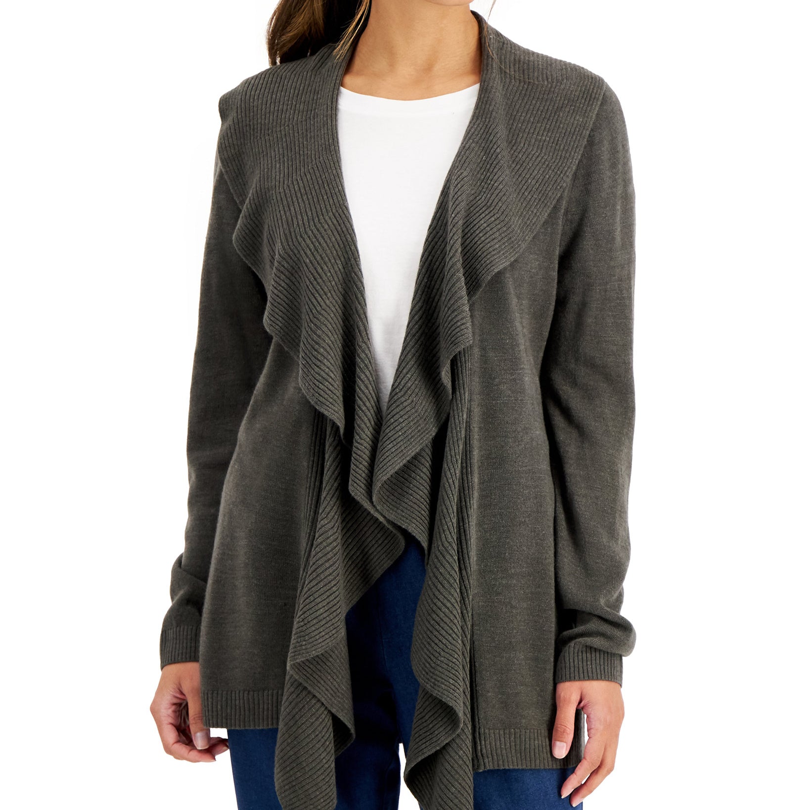 Karen Scott Women Petite Luxsoft Ruffled Cardigan Charcoal Heather