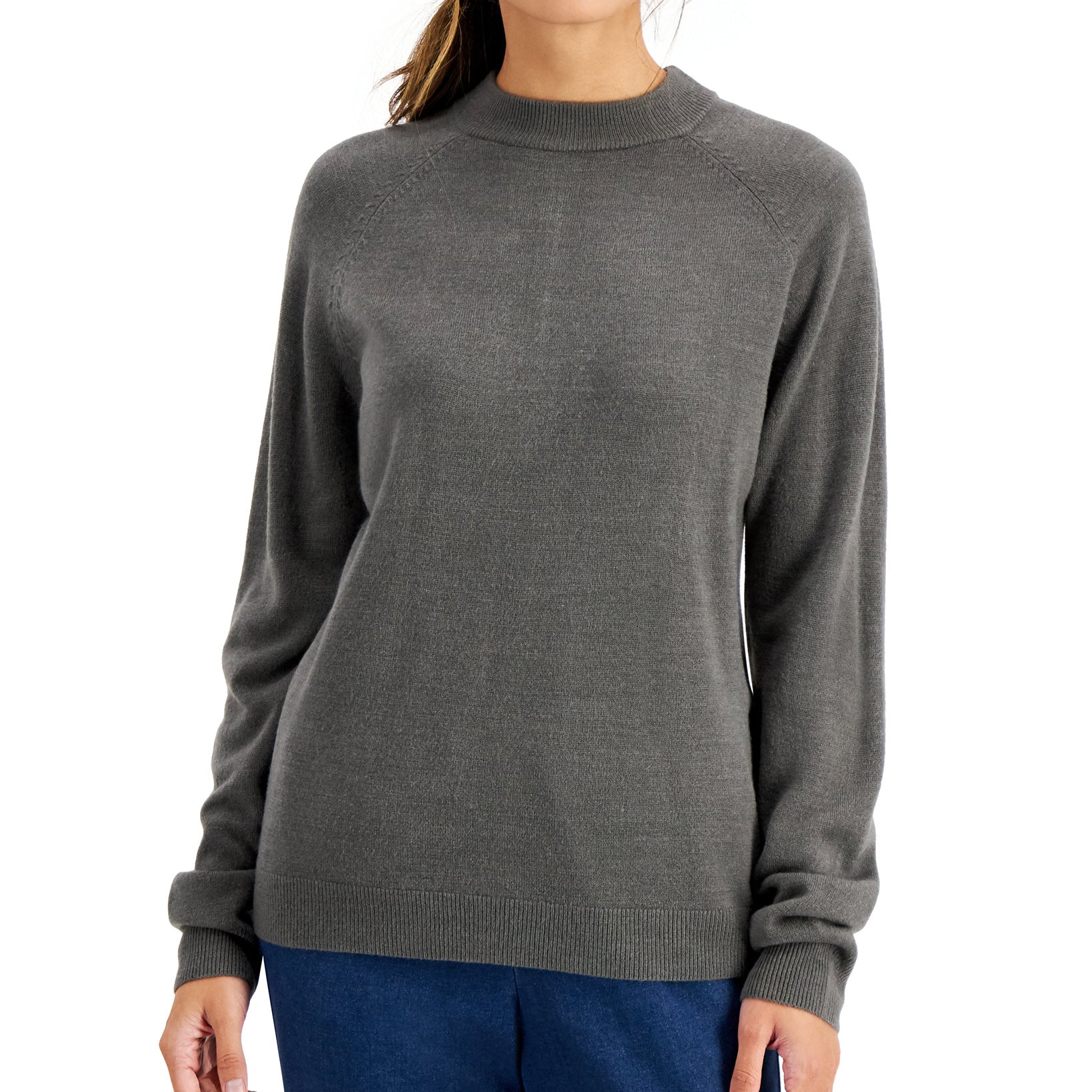 Karen Scott Women Cotton Luxsoft Mock Neck Sweater Charcoal Heather