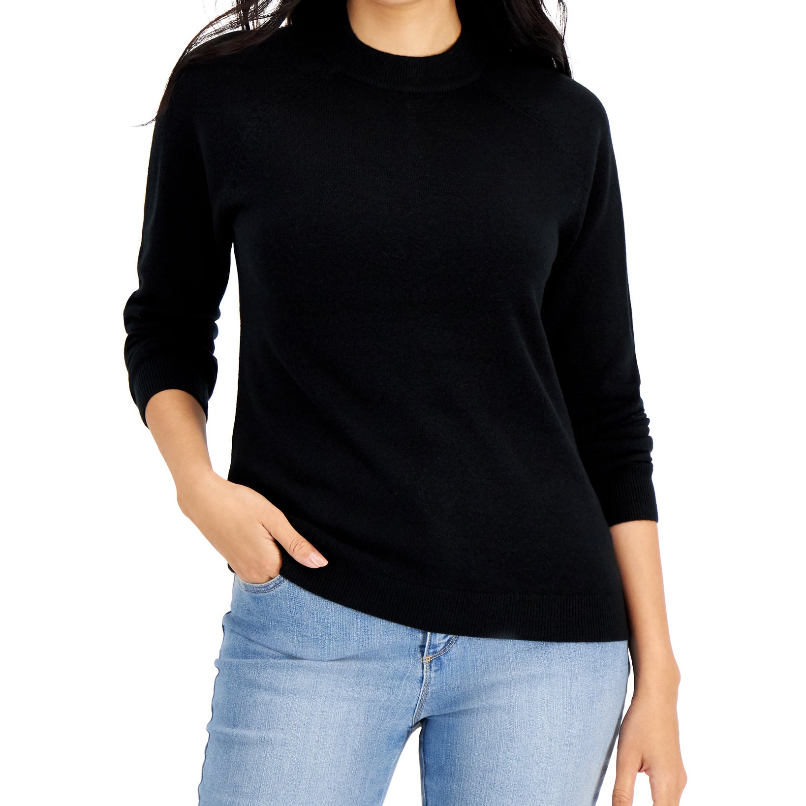 Karen Scott Women Cotton Luxsoft Mock Neck Sweater Luxsoft Black