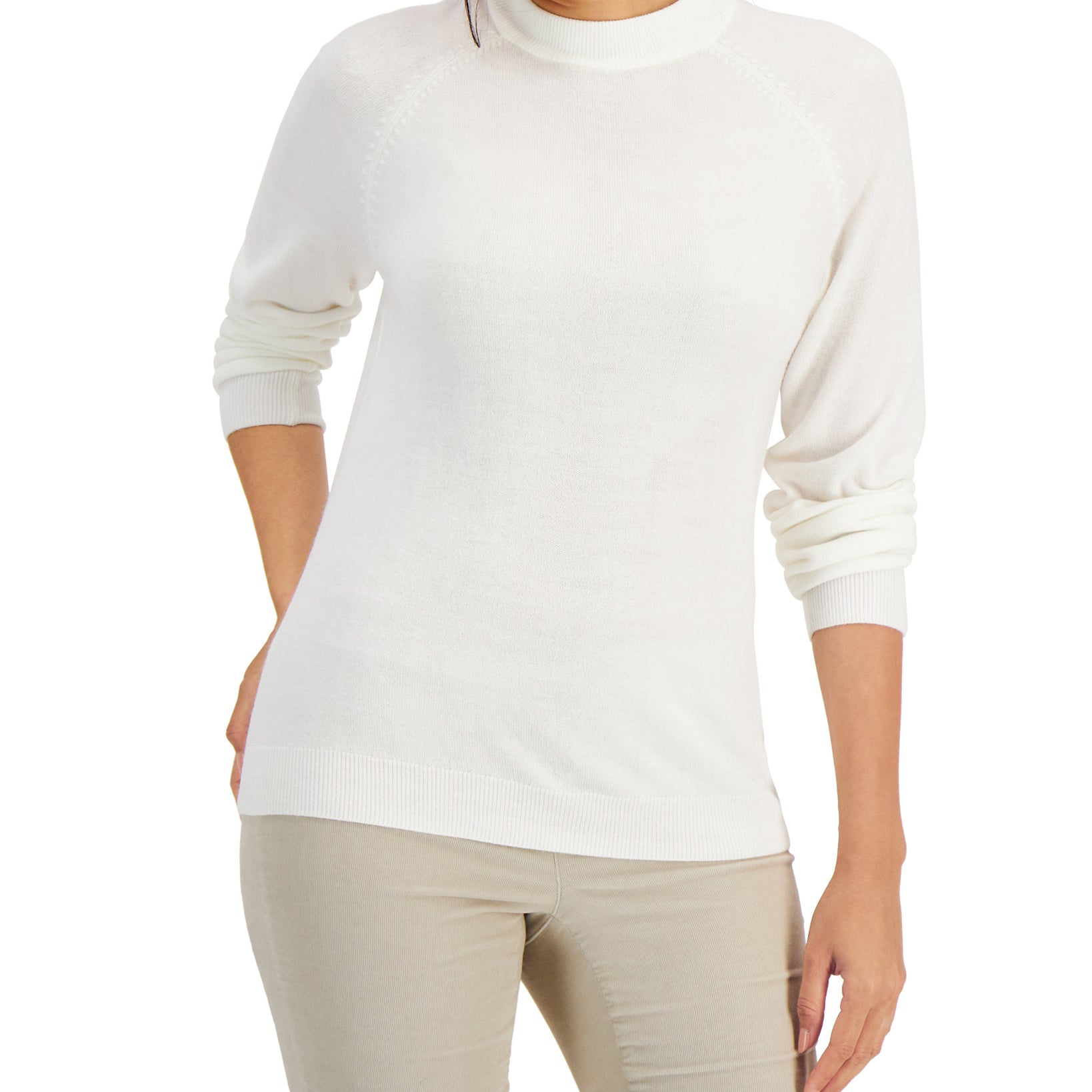Karen Scott Women Cotton Luxsoft Mock Neck Sweater Luxsoft White