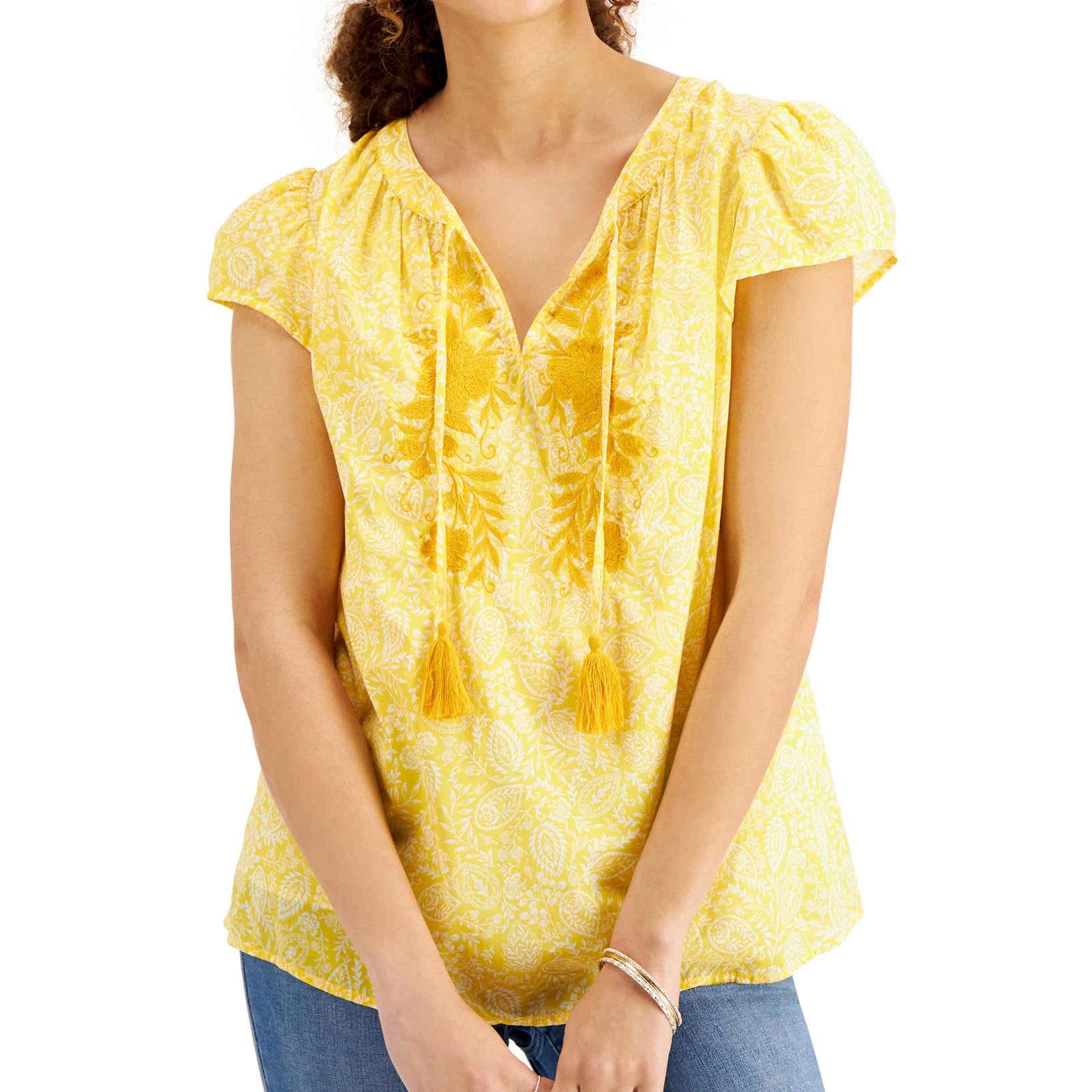 Style & Co Women Plus Tassel Peasant Top Daisy Daze