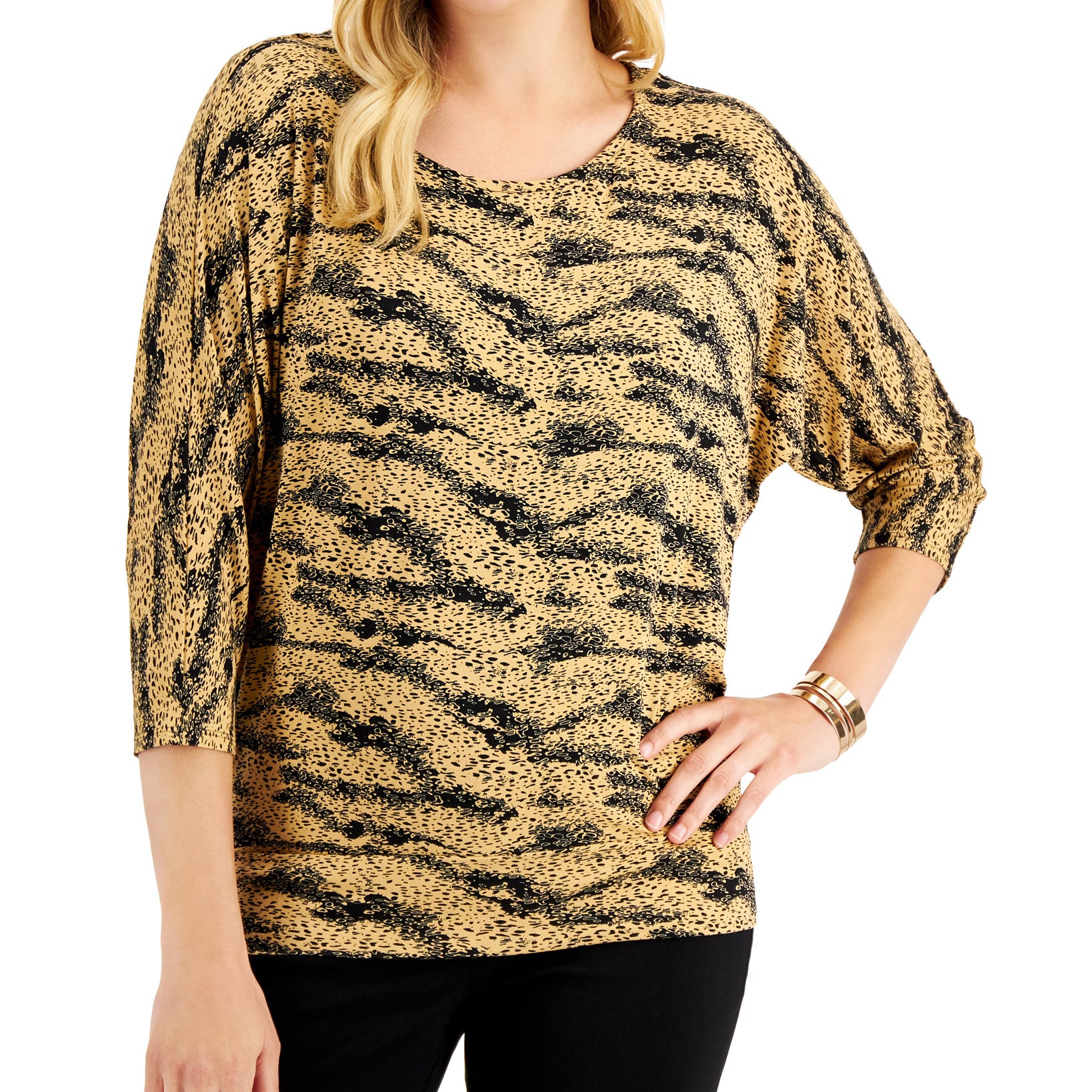 JM Collection Women Petite Printed 3 4 Sleeve Top Neutral Combo