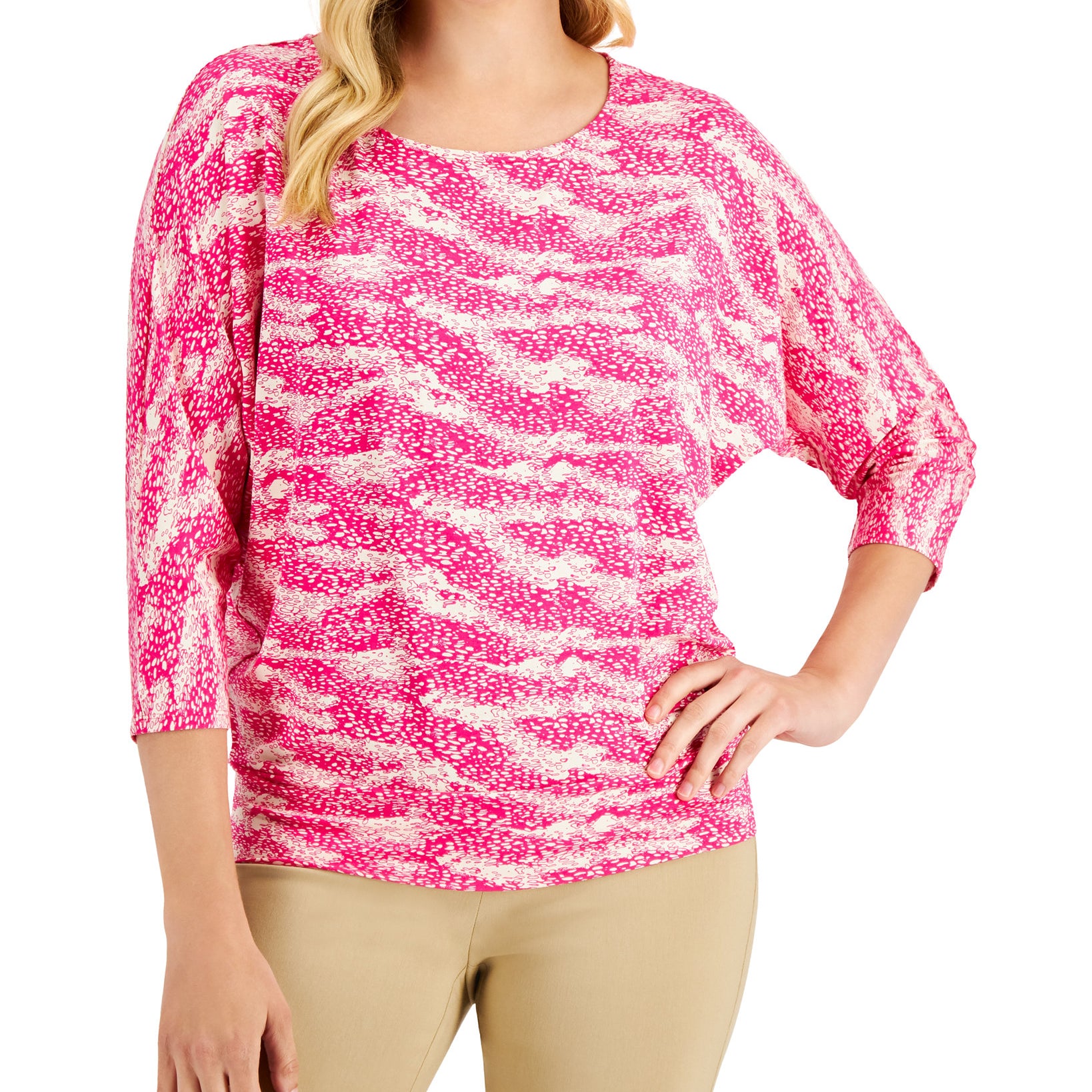 JM Collection Women Petite Printed 3 4 Sleeve Top Pink Pea Combo