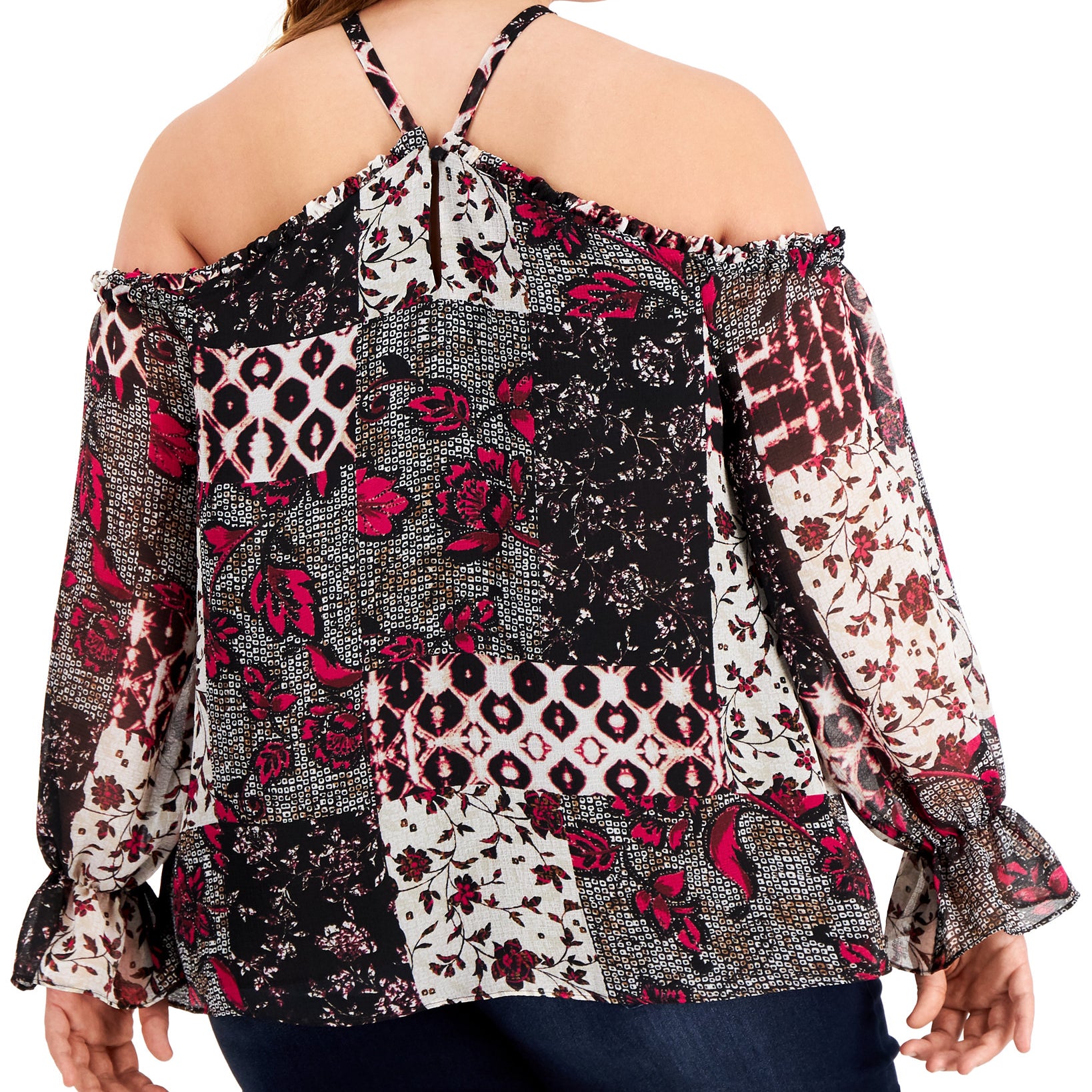 INC International Concepts Women Plus Patchwork Cold Shoulder Top