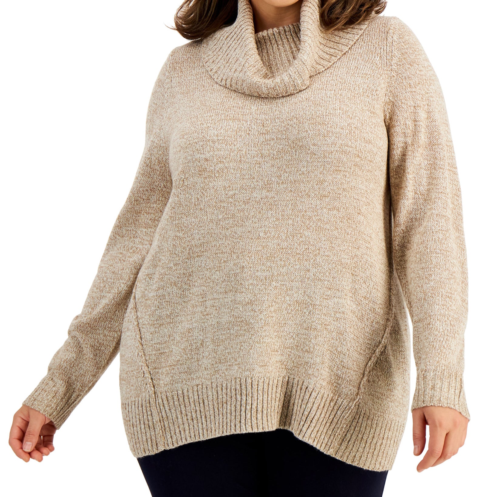 Karen Scott Women Plus Cowlneck Sweater Beige Marled