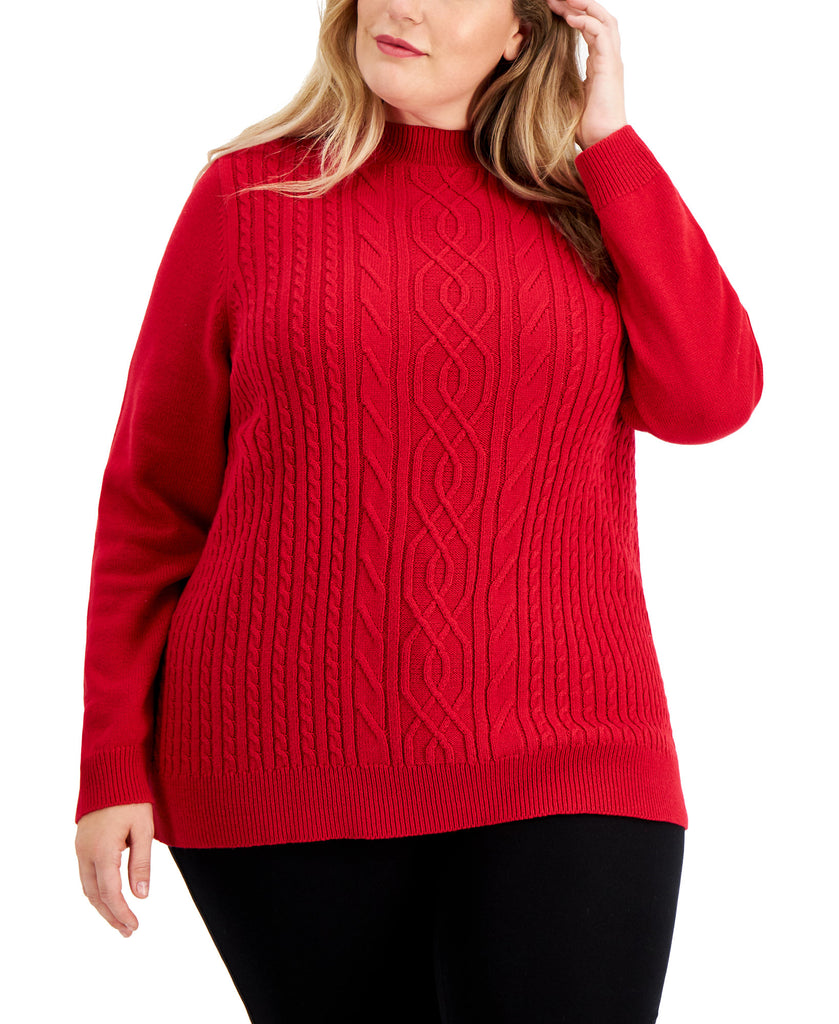 Karen Scott Women Plus Cotton Cable Mock Neck Sweater New Red Amore
