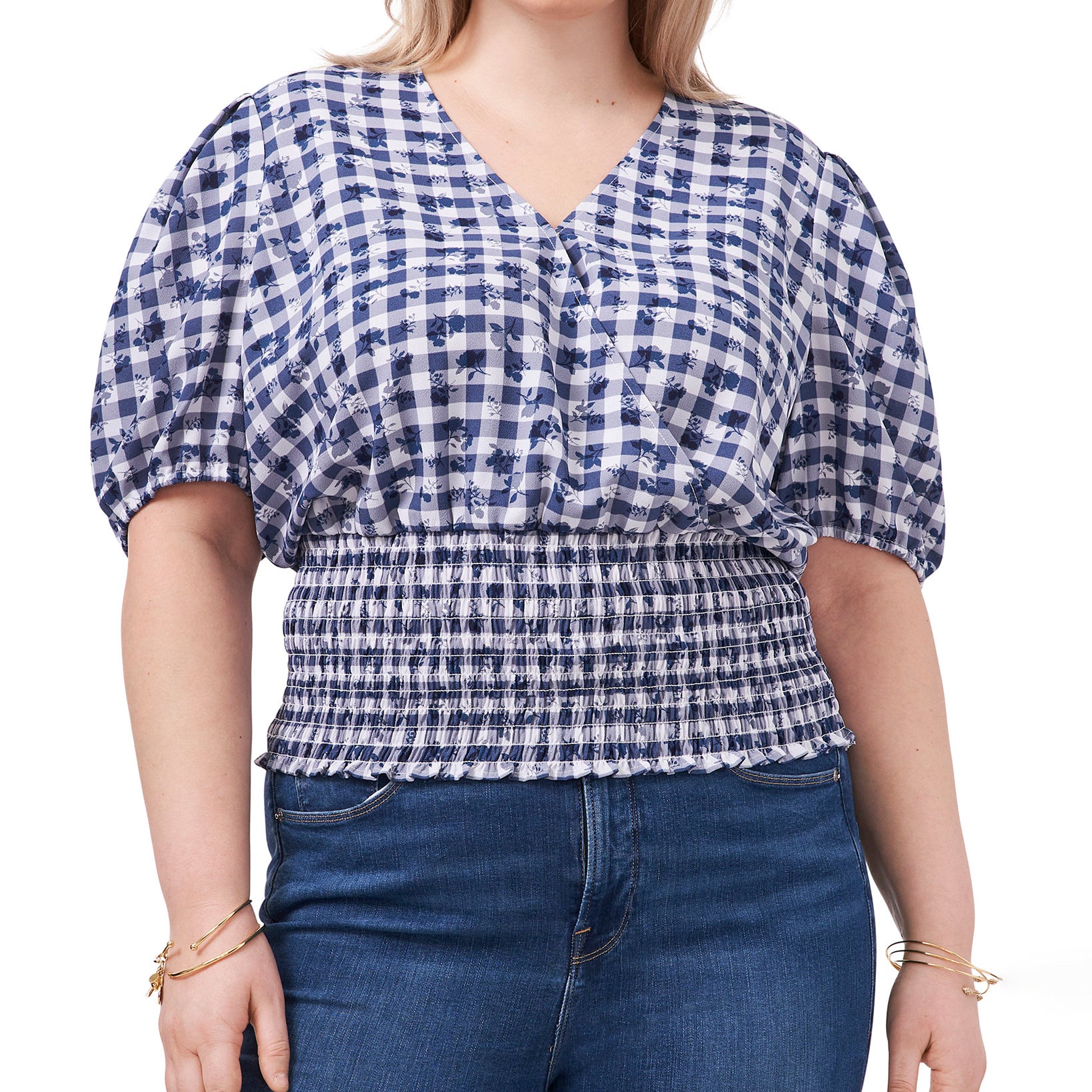 1.STATE Women Plus Smocked Waist Printed Top Gingham Floral