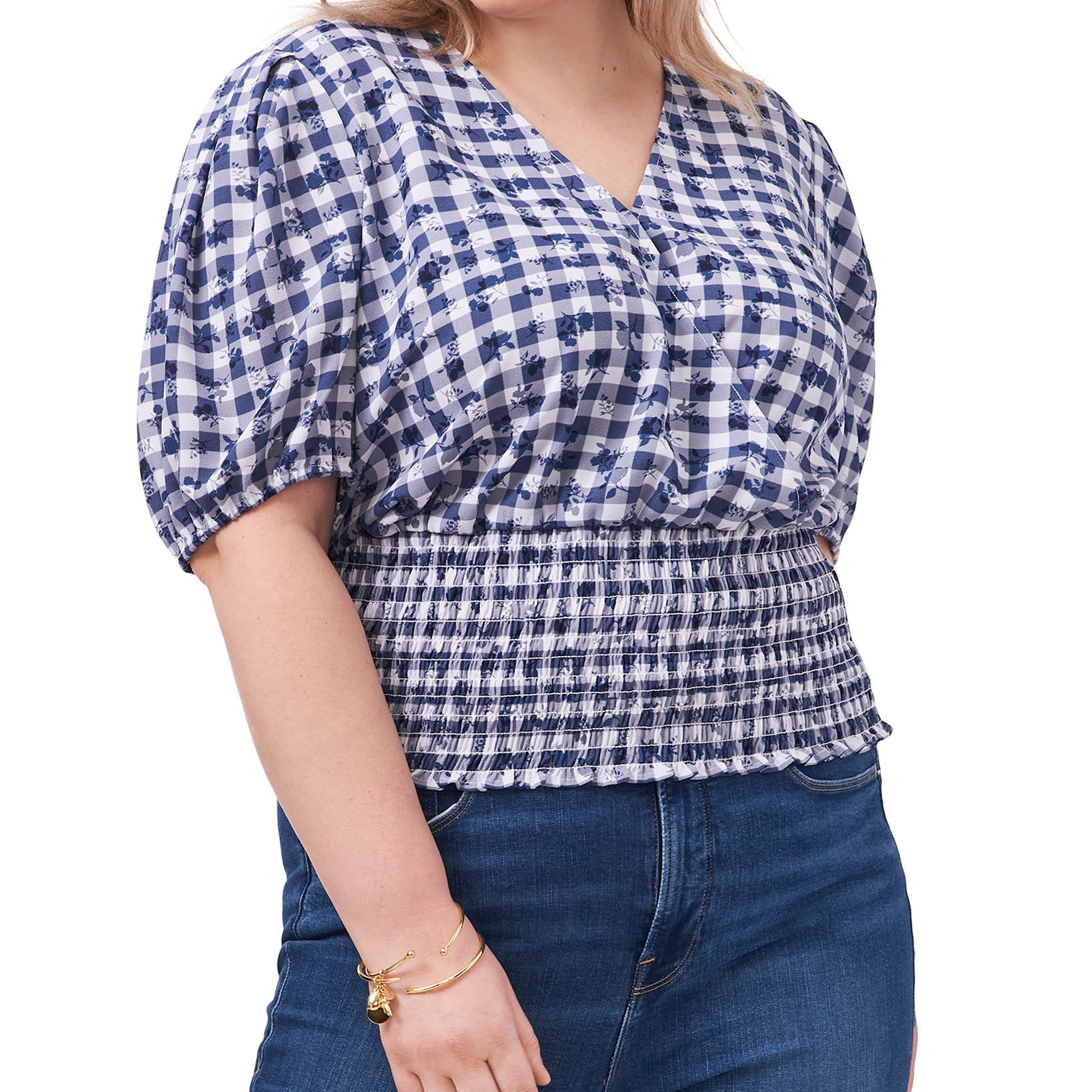 1.STATE Women Plus Smocked Waist Printed Top