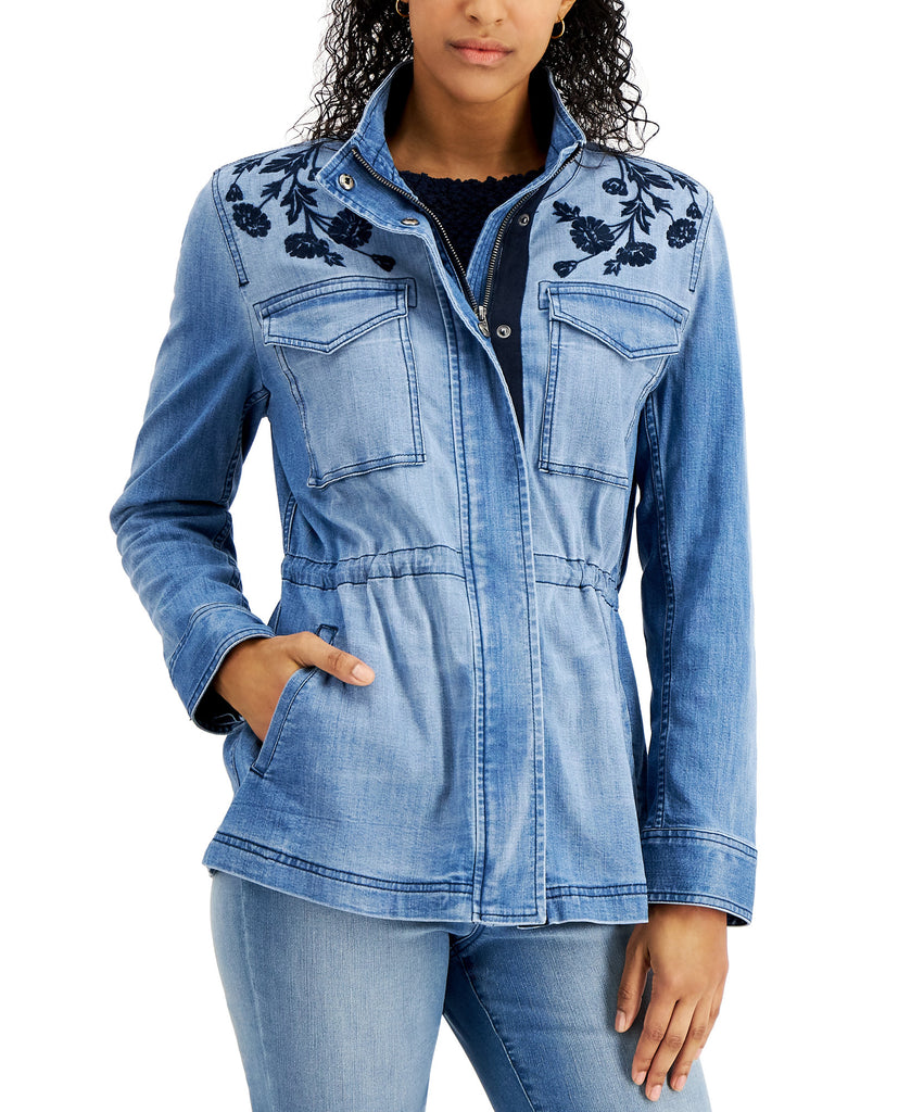 Style & Co Women Embroidered Jacket Embroider Navy