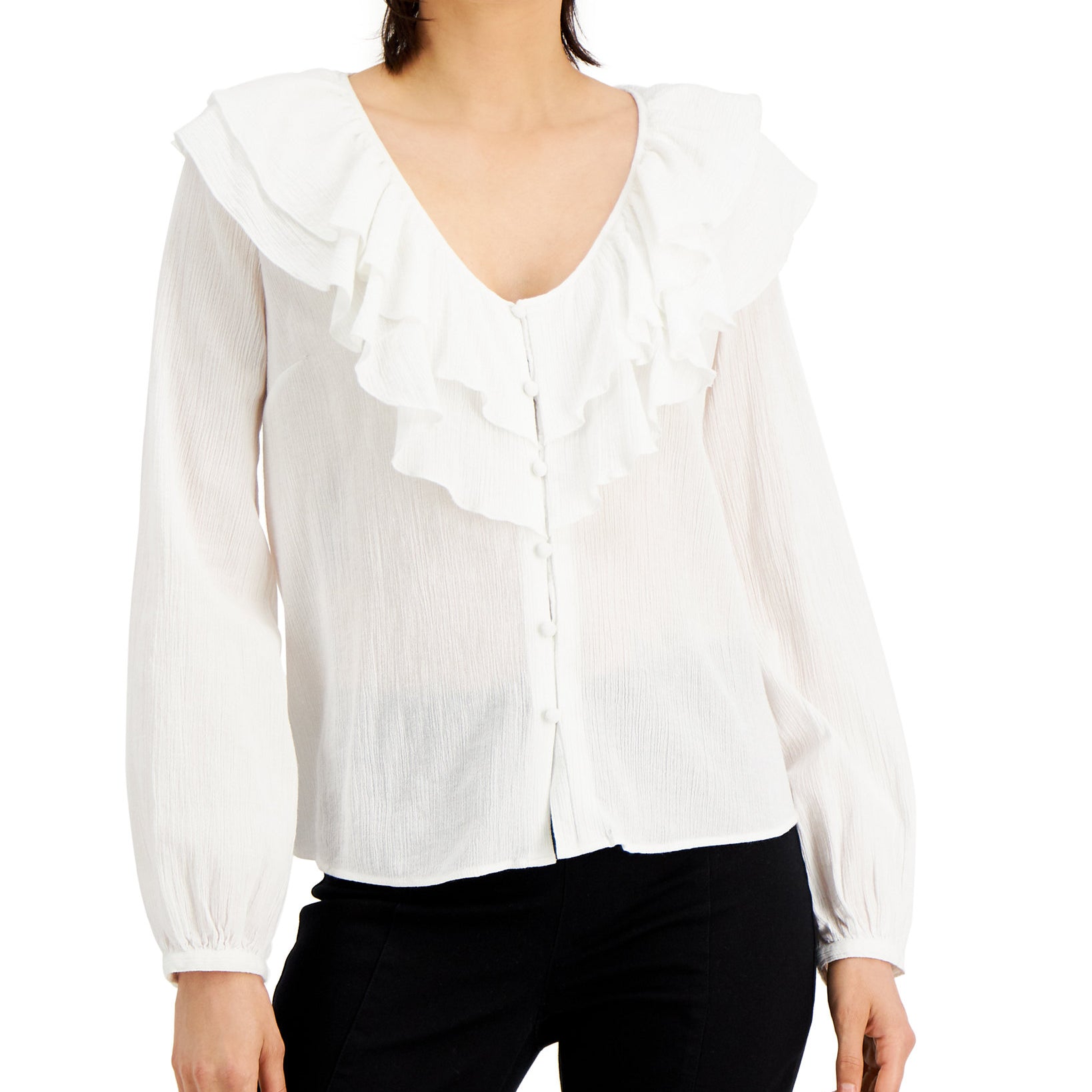 INC International Concepts Women Double Ruffle Blouse Bright White