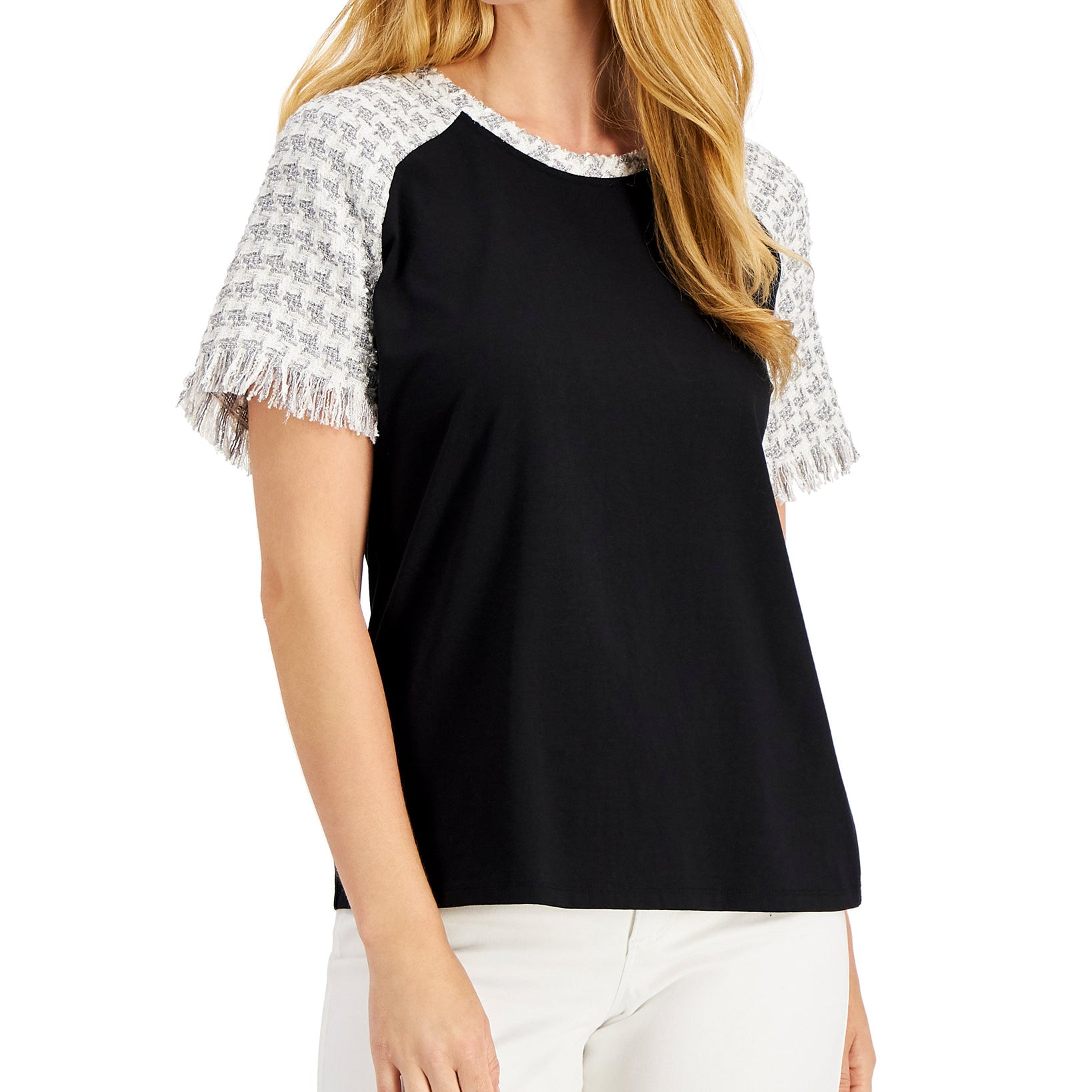 Charter Club Women Tweed Sleeve Baseball T Shirt Deep Black