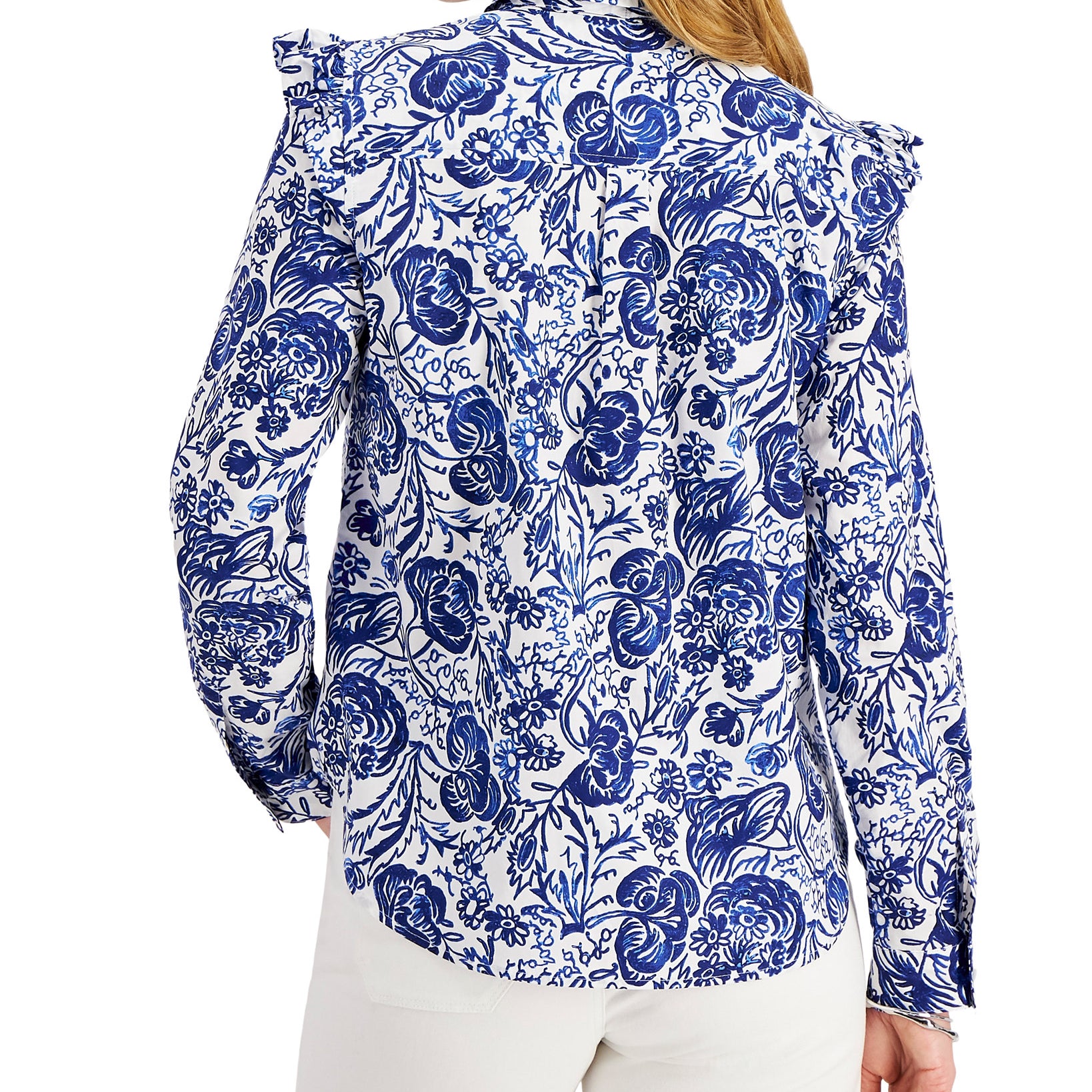 Charter Club Women Printed Tie Neck Ruffle Shoulder Shirt