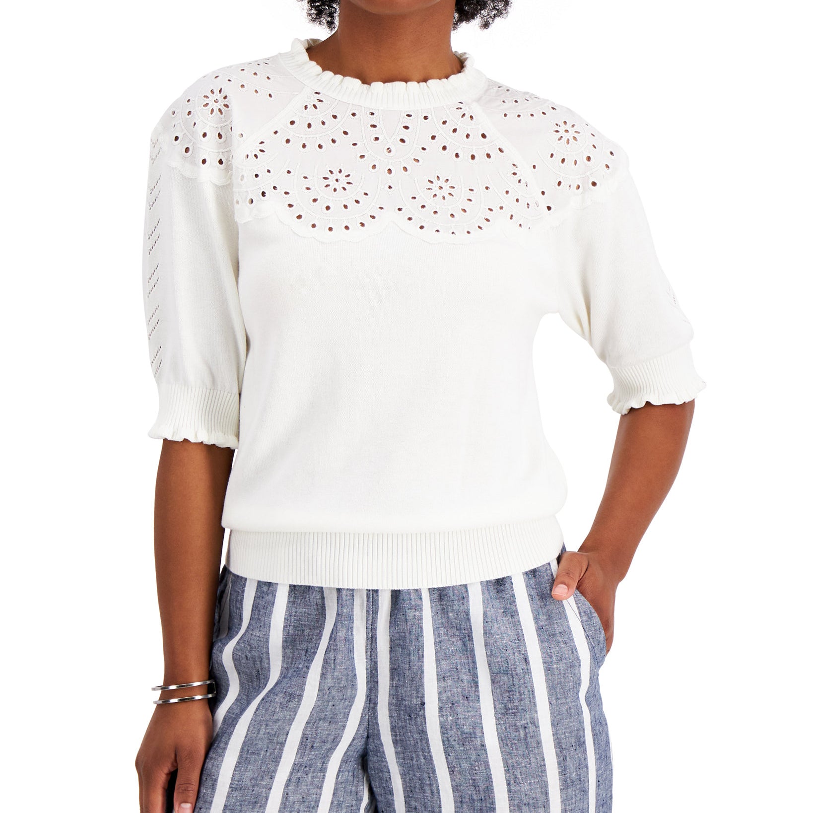 Charter Club Women Puff Sleeve Eyelet Neckline Sweater Cloud