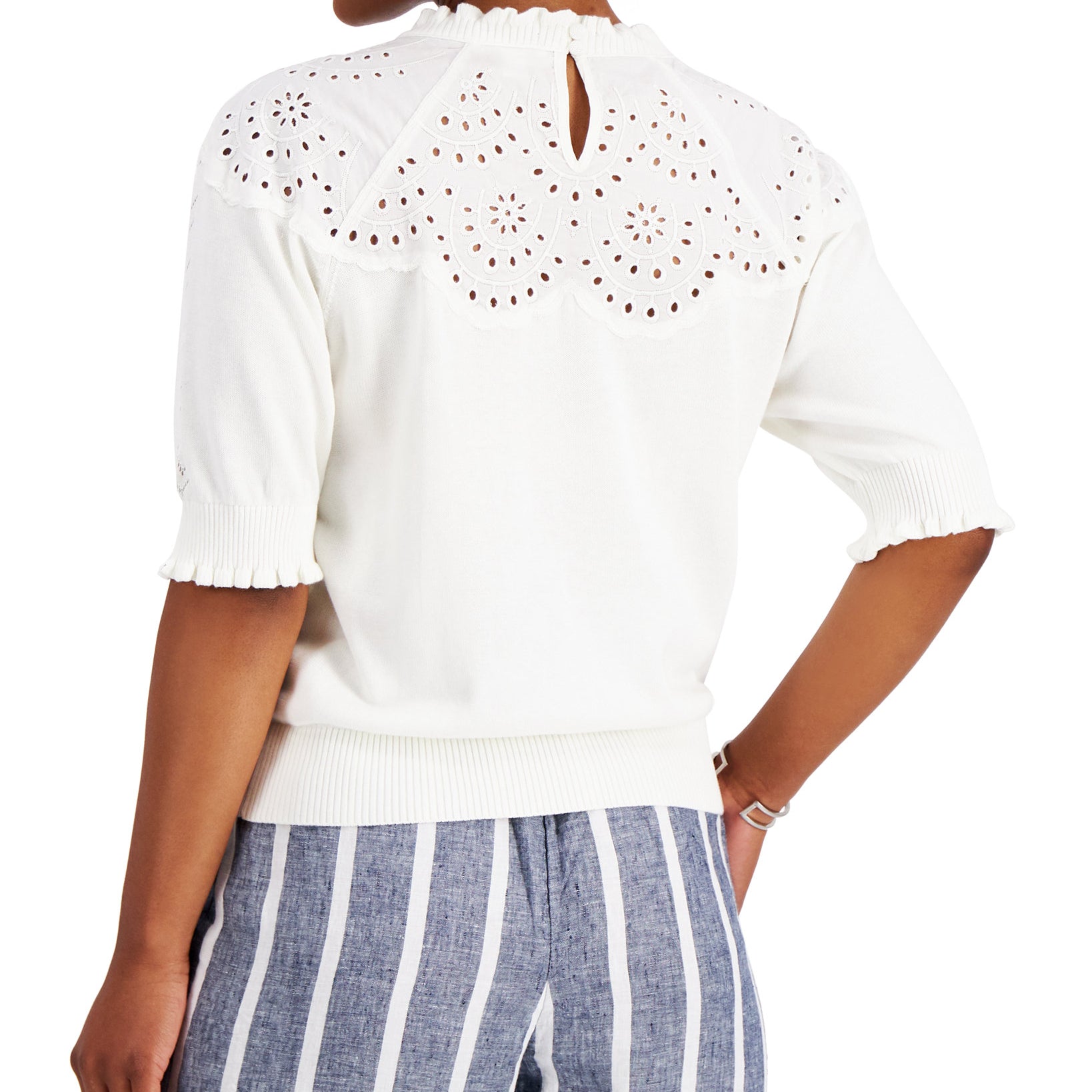 Charter Club Women Puff Sleeve Eyelet Neckline Sweater