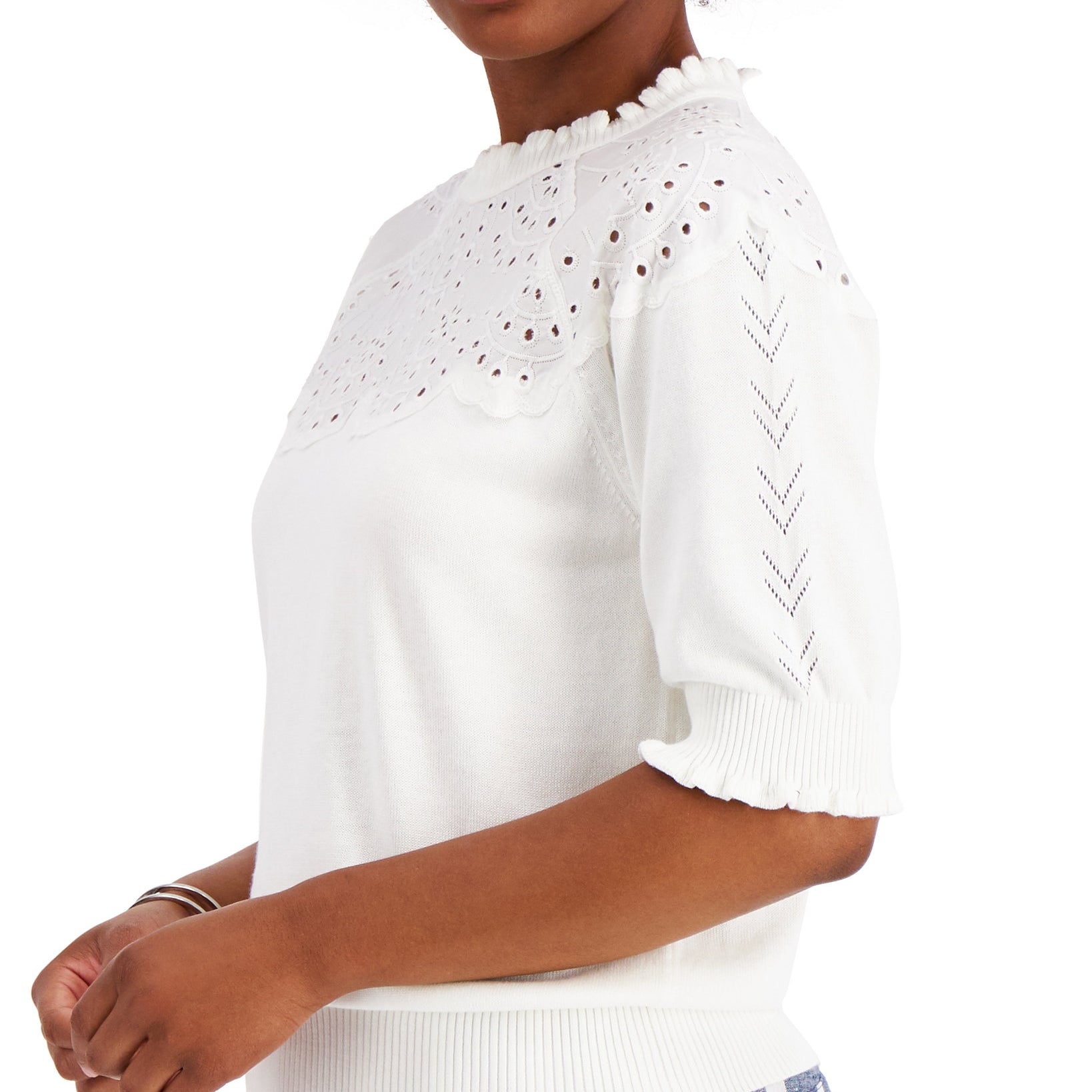 Charter Club Women Puff Sleeve Eyelet Neckline Sweater