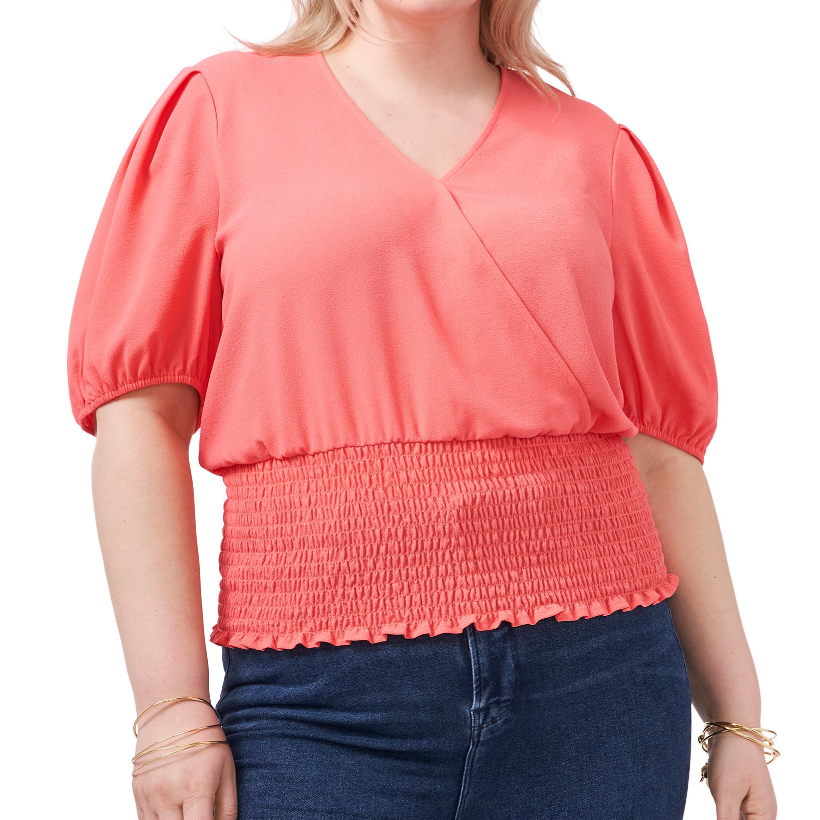 1.STATE Women Plus Smocked Waist Printed Top Cameo Coral