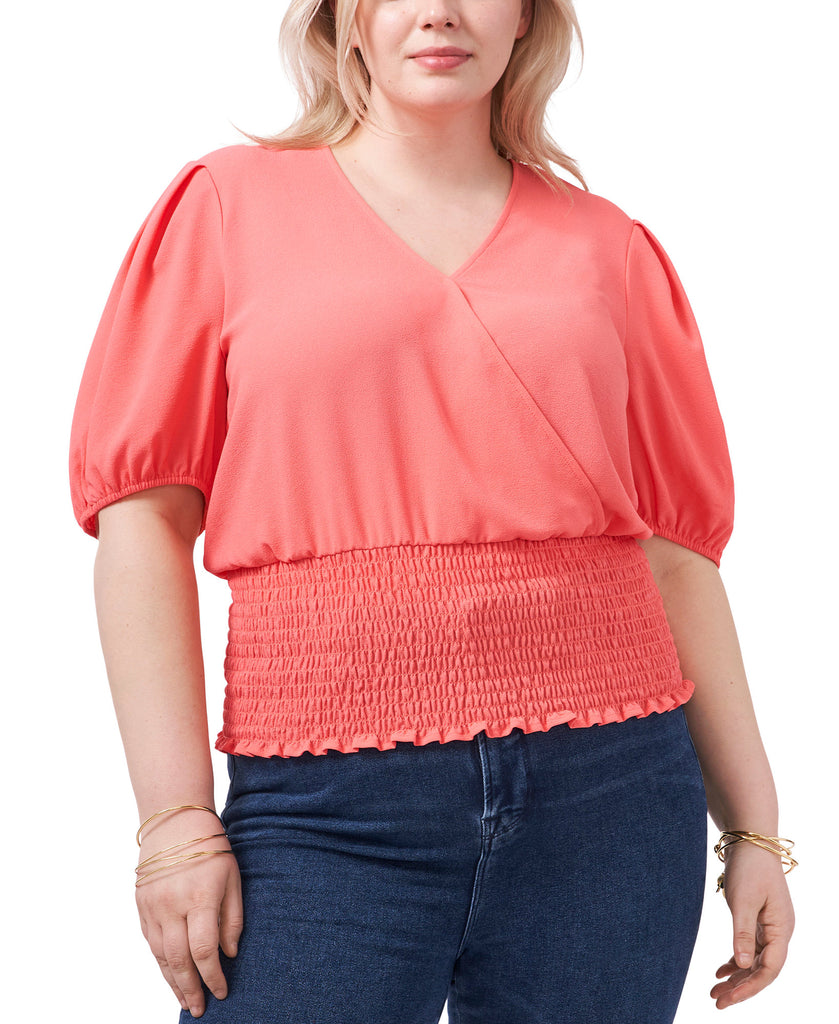 1.STATE Women Plus Smocked Waist Printed Top Cameo Coral