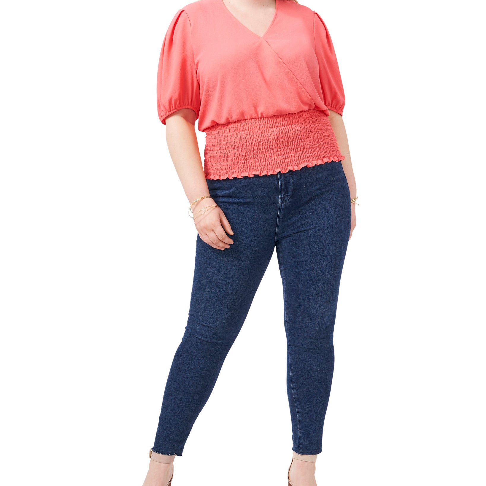 1.STATE Women Plus Smocked Waist Printed Top