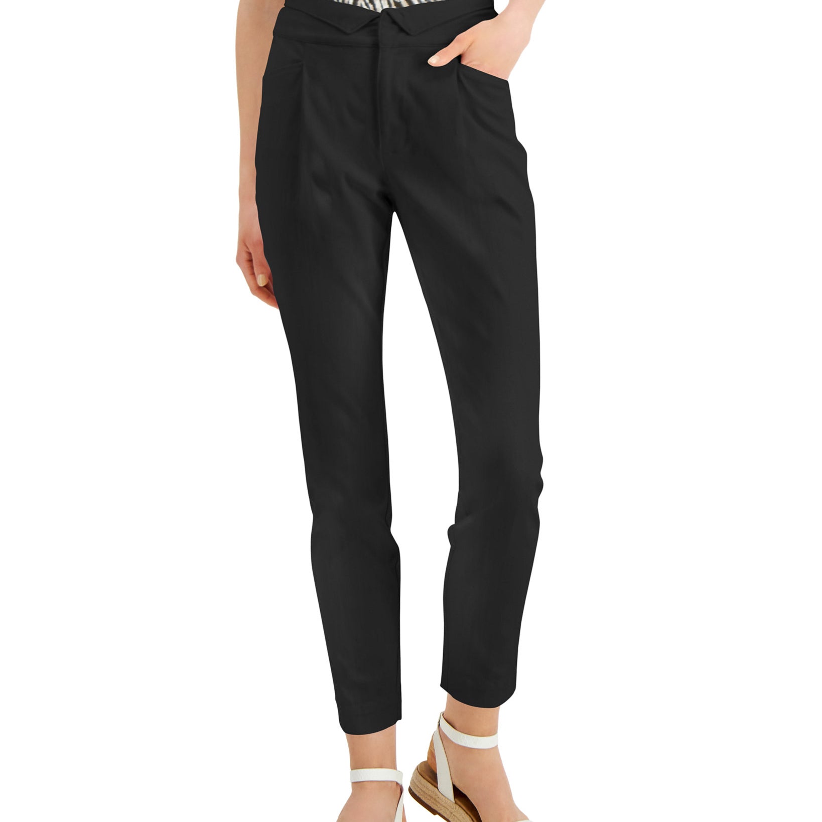 INC International Concepts Women Folded Waist Tapered Pants Deep Black