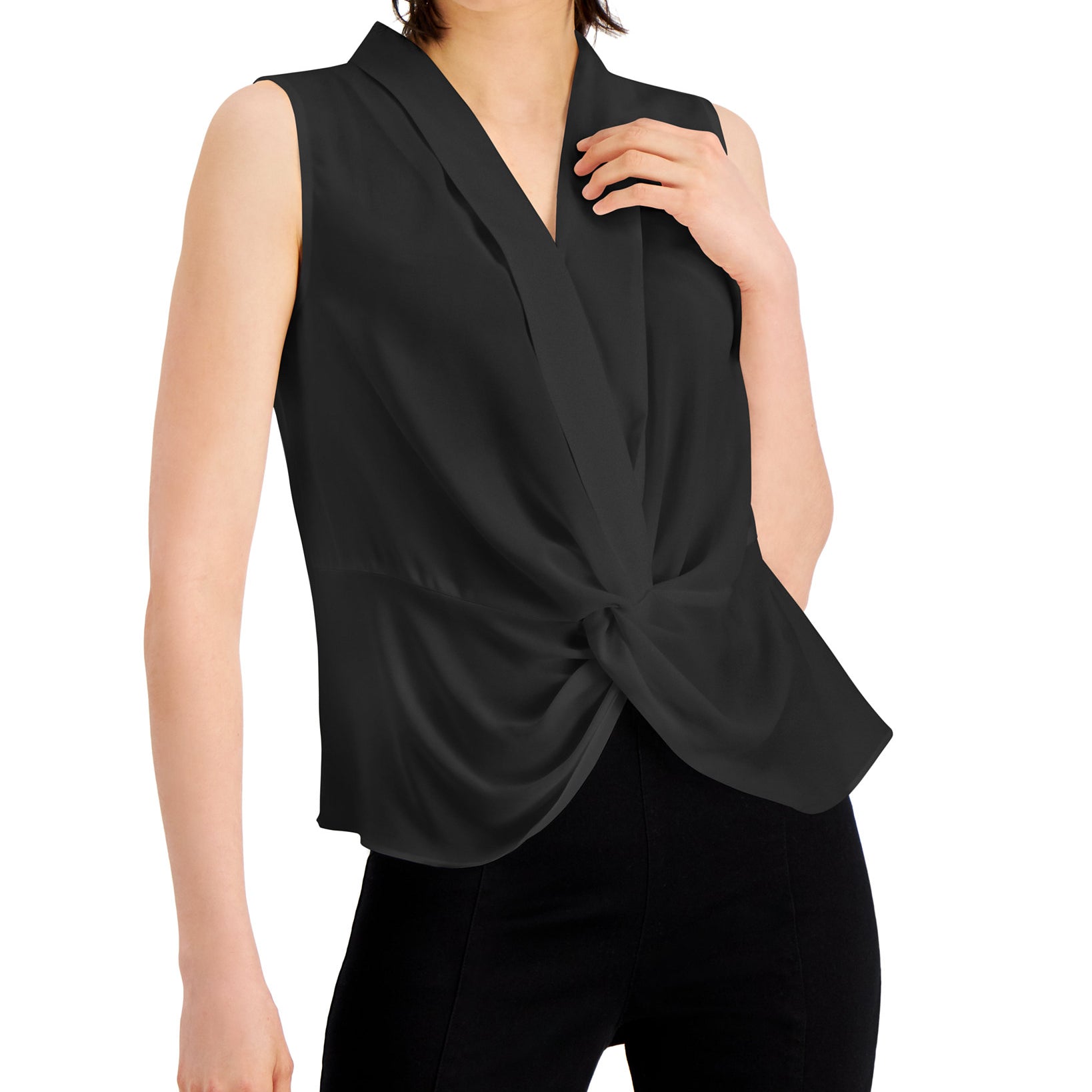 INC International Concepts Women Sleeveless Twist Front Top Deep Black