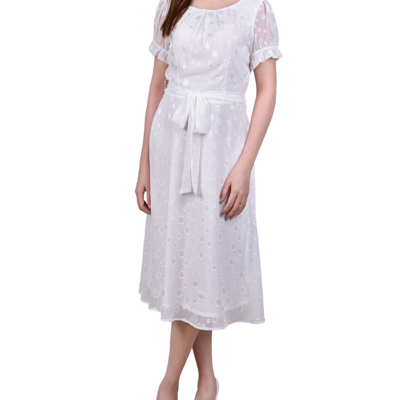 NY Collection Women Petite Short Sleeve Belted Swiss Dot Dress Ivory Multi Circle