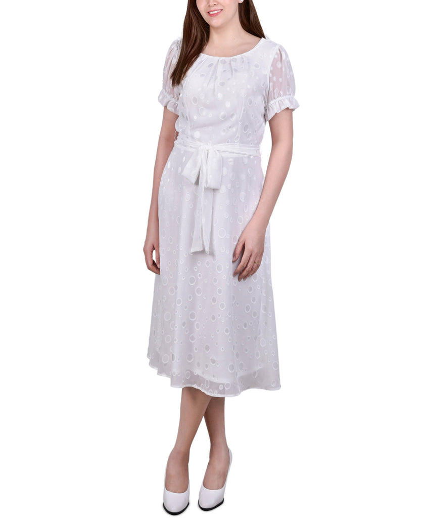 NY Collection Women Petite Short Sleeve Belted Swiss Dot Dress Ivory Multi Circle