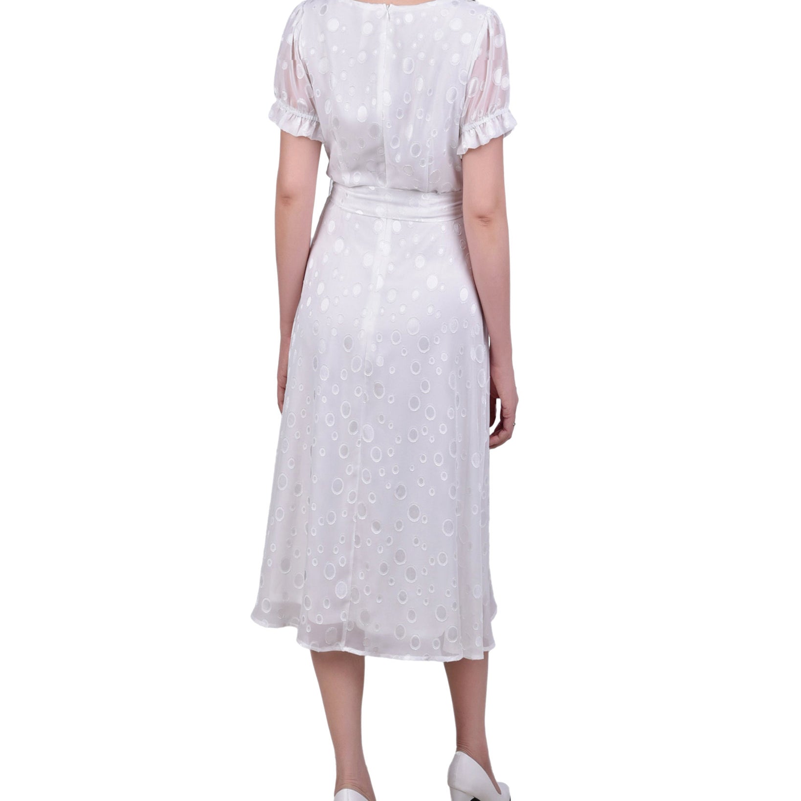 NY Collection Women Petite Short Sleeve Belted Swiss Dot Dress