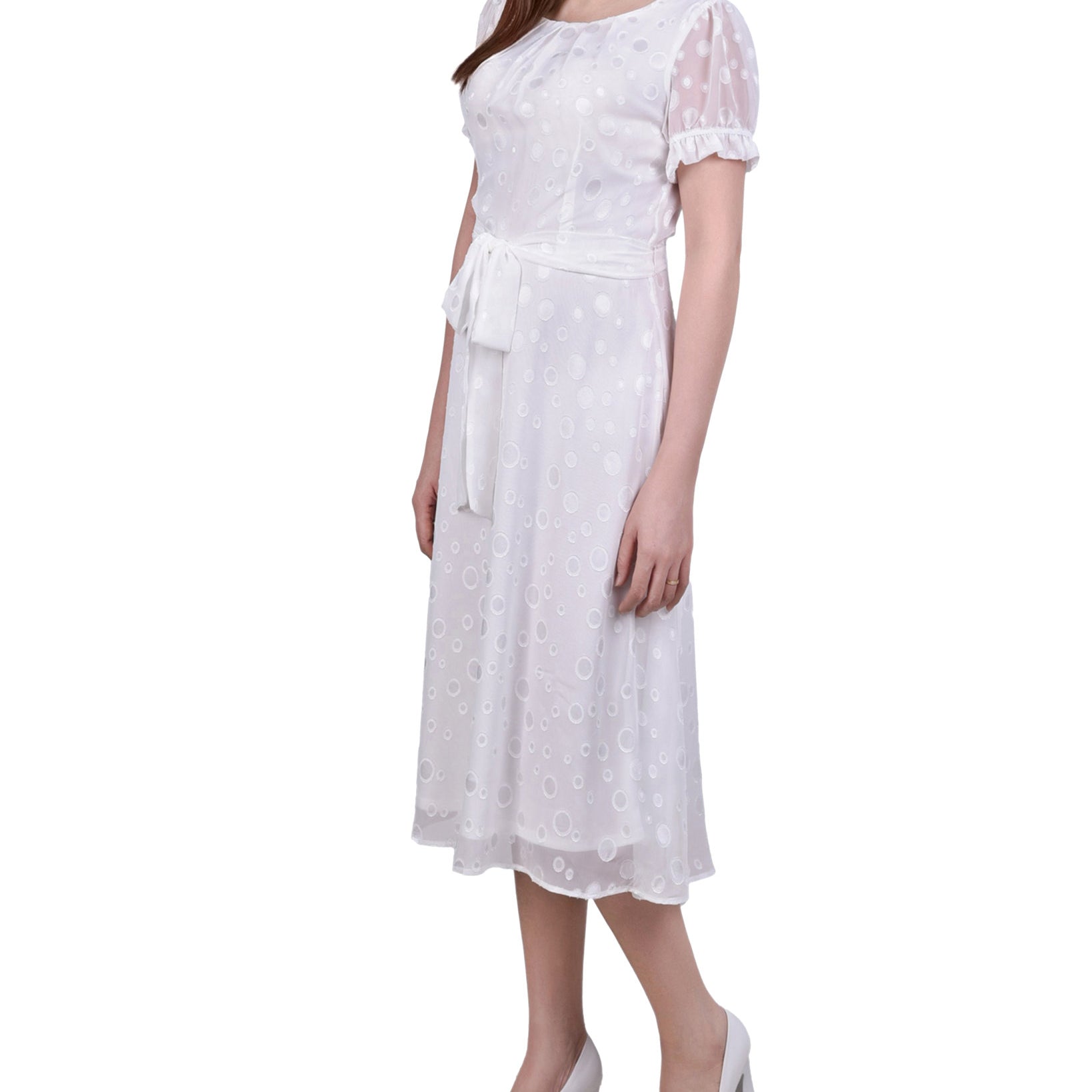 NY Collection Women Petite Short Sleeve Belted Swiss Dot Dress