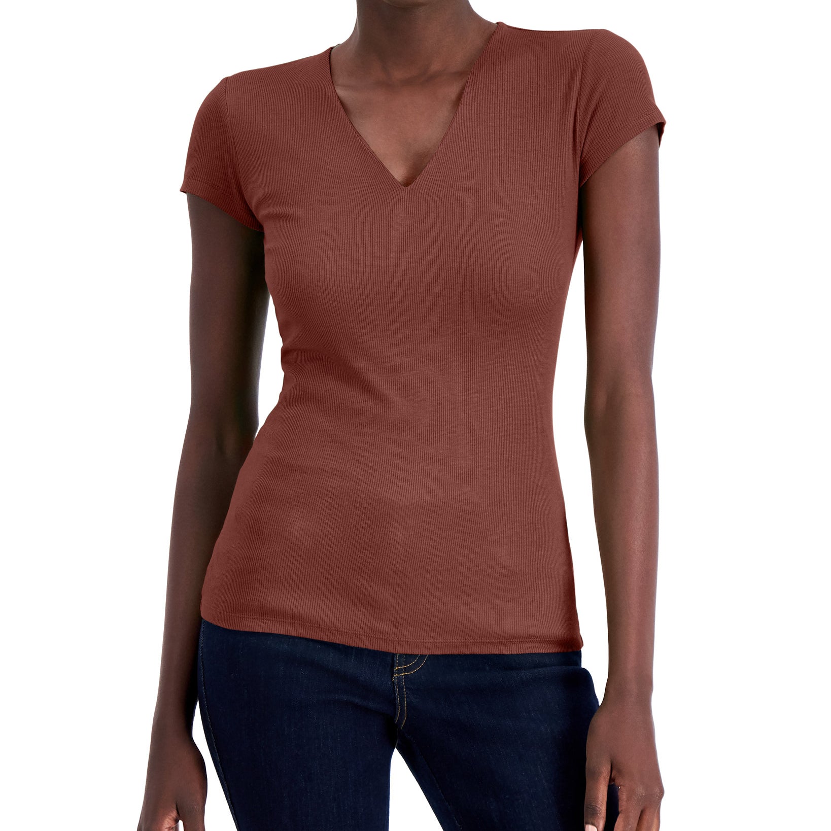 INC International Concepts Women Ribbed V Neck Top Henna