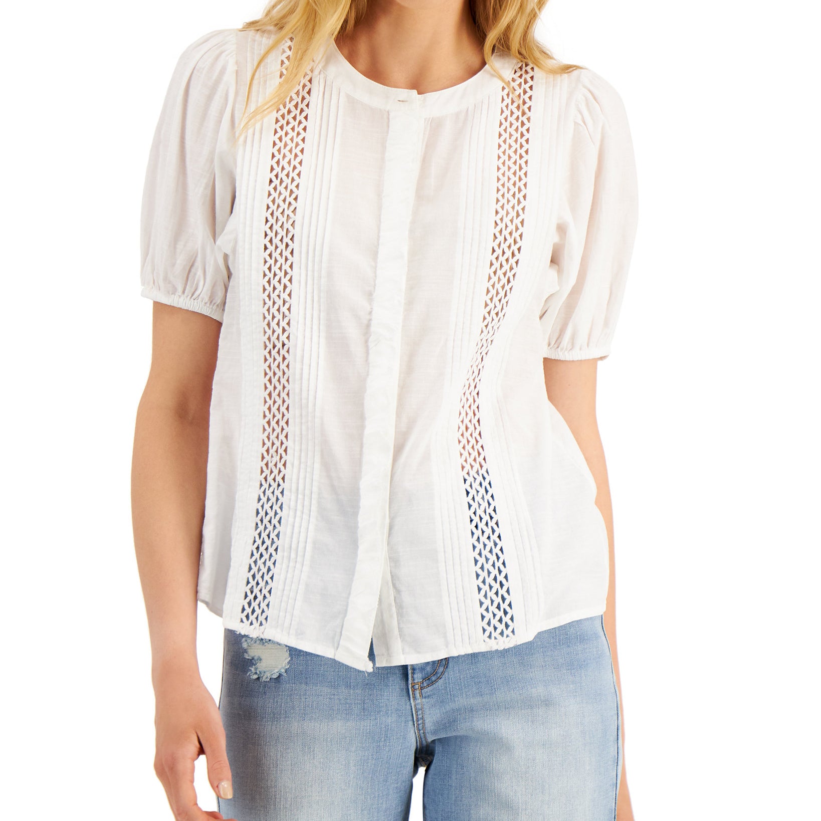 INC International Concepts Women Cotton Pintucked Blouse Bright White