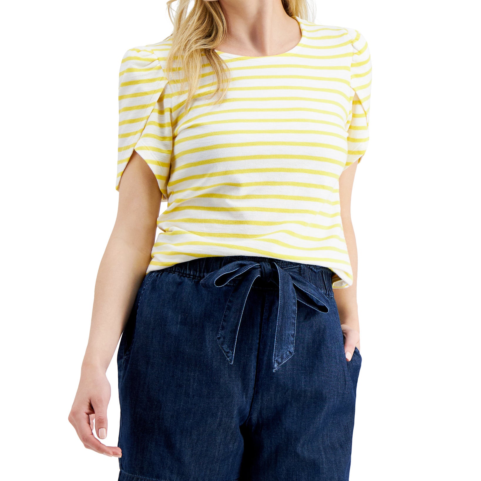 Charter Club Women Petite Cotton Knit Striped Split Sleeve Top Primrose Yellow Combo